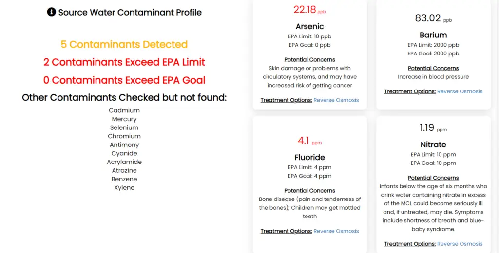 Example of Arsenic source water quality data in Taptool.