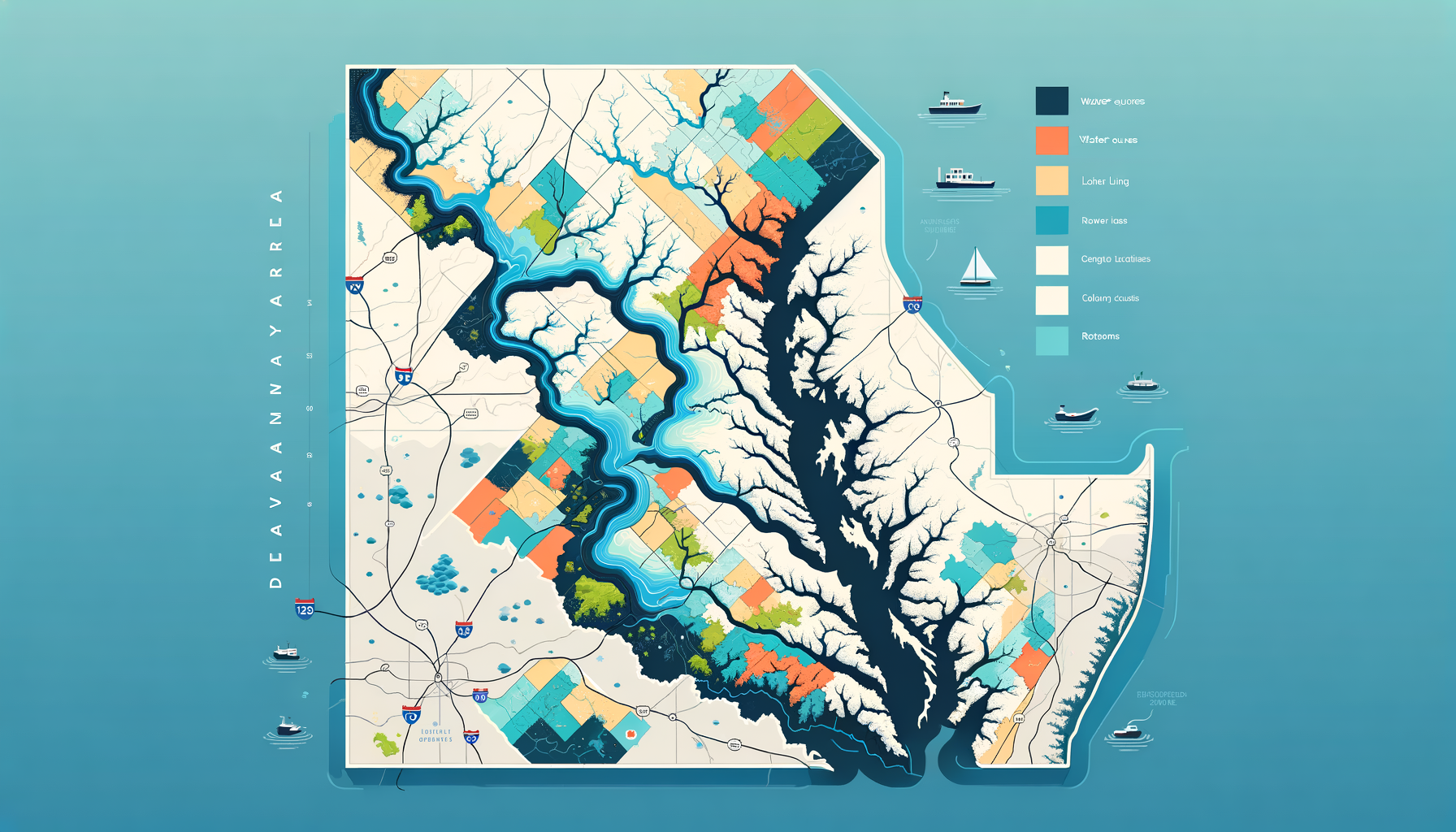 A clean, modern, text-free infographic map of Delaware, highlighting major water sources and regions with water quality concerns. No text overlays.