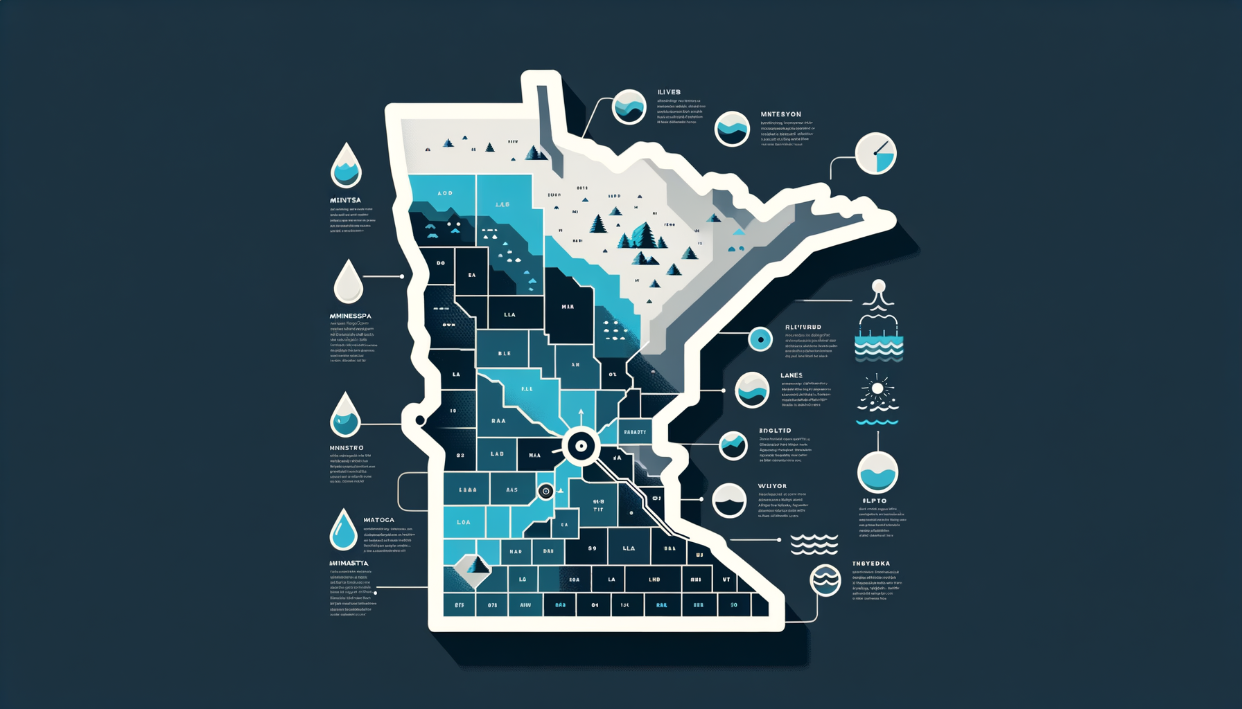 A clean, modern, text-free infographic map of Minnesota, highlighting major water sources and regions with water quality concerns. No text overlays.