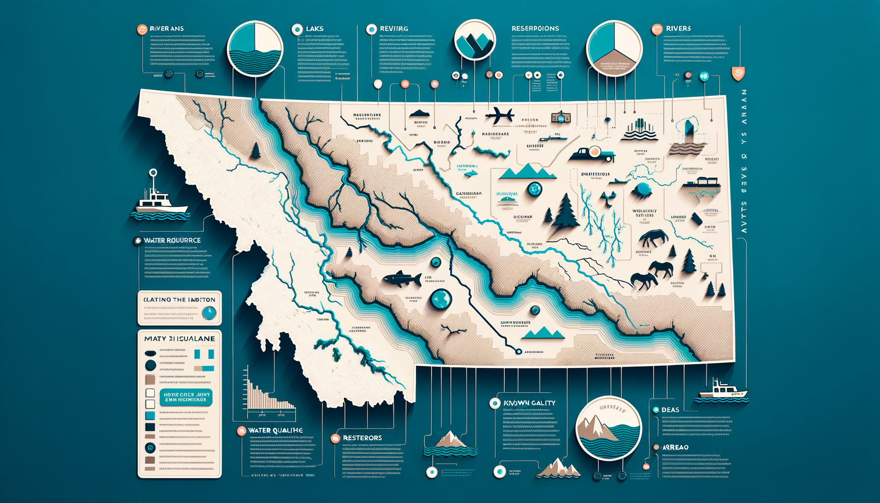 A clean, modern, text-free infographic map of Montana, highlighting major water sources and regions with water quality concerns. No text overlays.