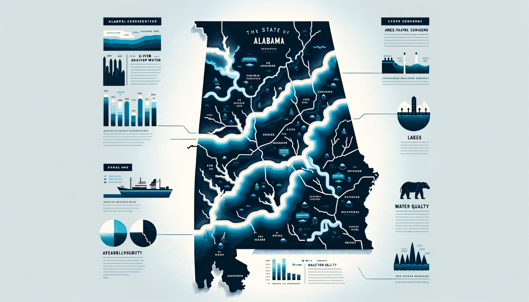 A clean, modern, text-free infographic map of Alabama, highlighting major water sources and regions with water quality concerns. No text overlays.