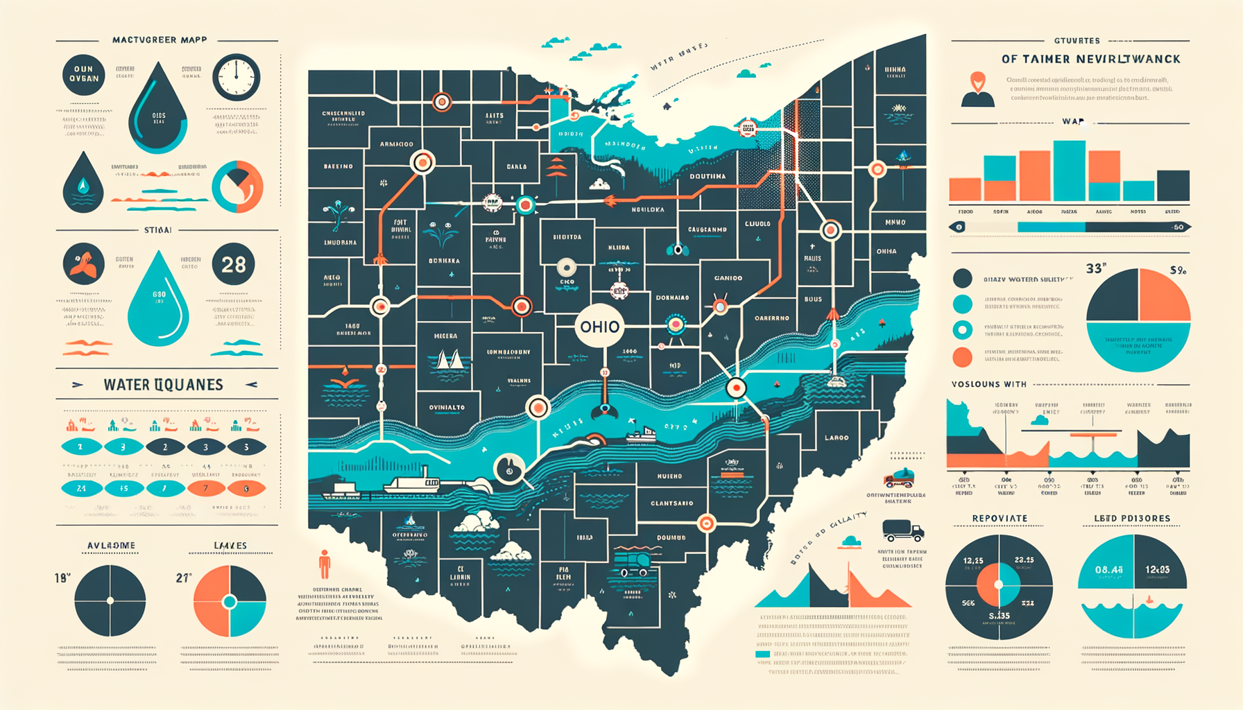 A clean, modern, text-free infographic map of Ohio, highlighting major water sources and regions with water quality concerns. No text overlays.