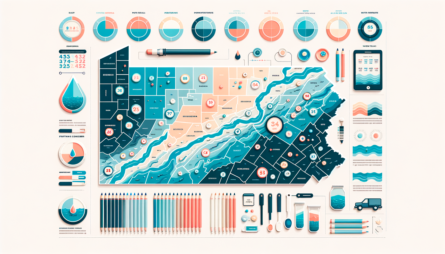 A clean, modern, text-free infographic map of Pennsylvania, highlighting major water sources and regions with water quality concerns. No text overlays.