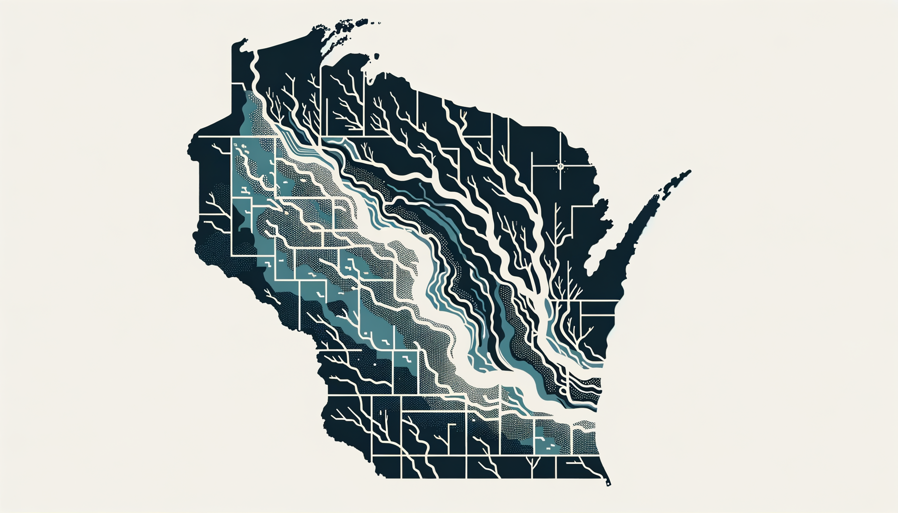 A clean, modern, text-free infographic map of Wisconsin, highlighting major water sources and regions with water quality concerns. No text overlays.