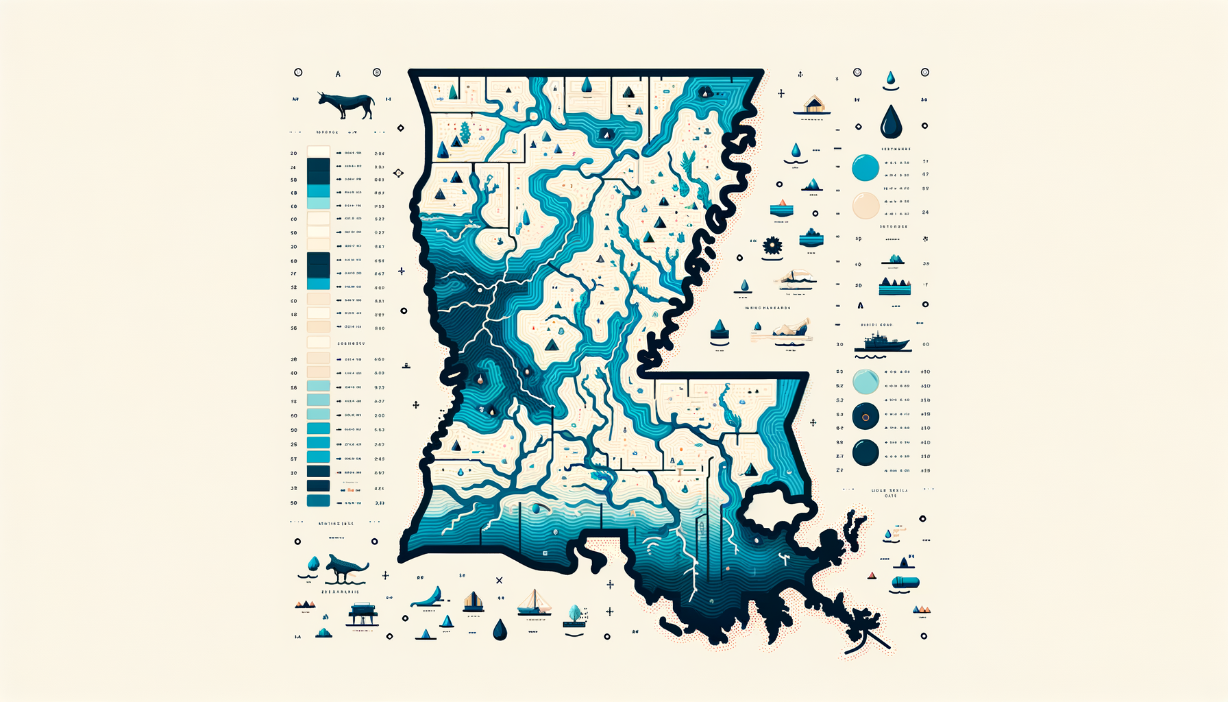 A clean, modern, text-free infographic map of Mississippi, highlighting major water sources and regions with water quality concerns. No text overlays.