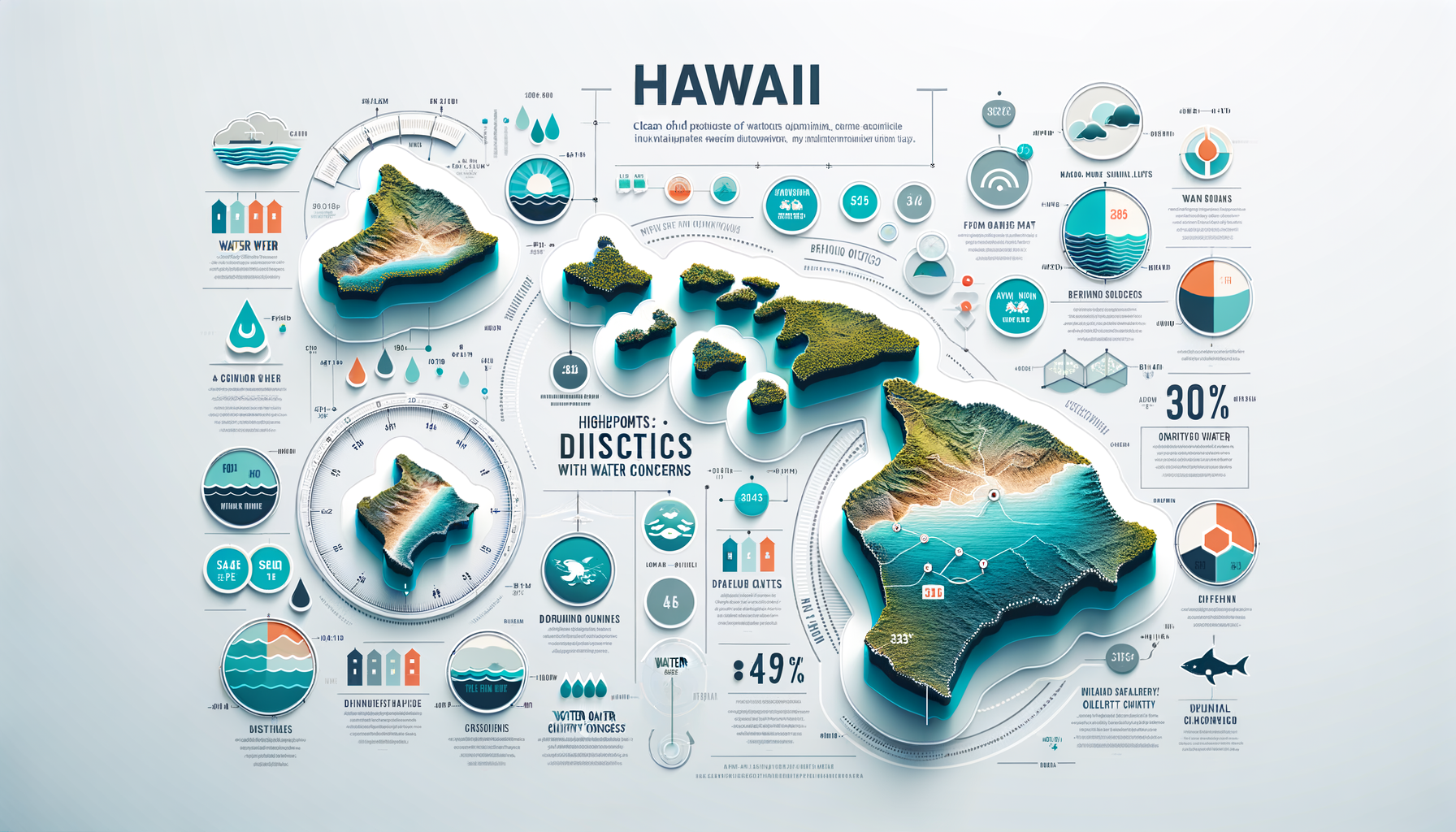 A clean, modern, text-free infographic map of Hawaii, highlighting major water sources and regions with water quality concerns. No text overlays.