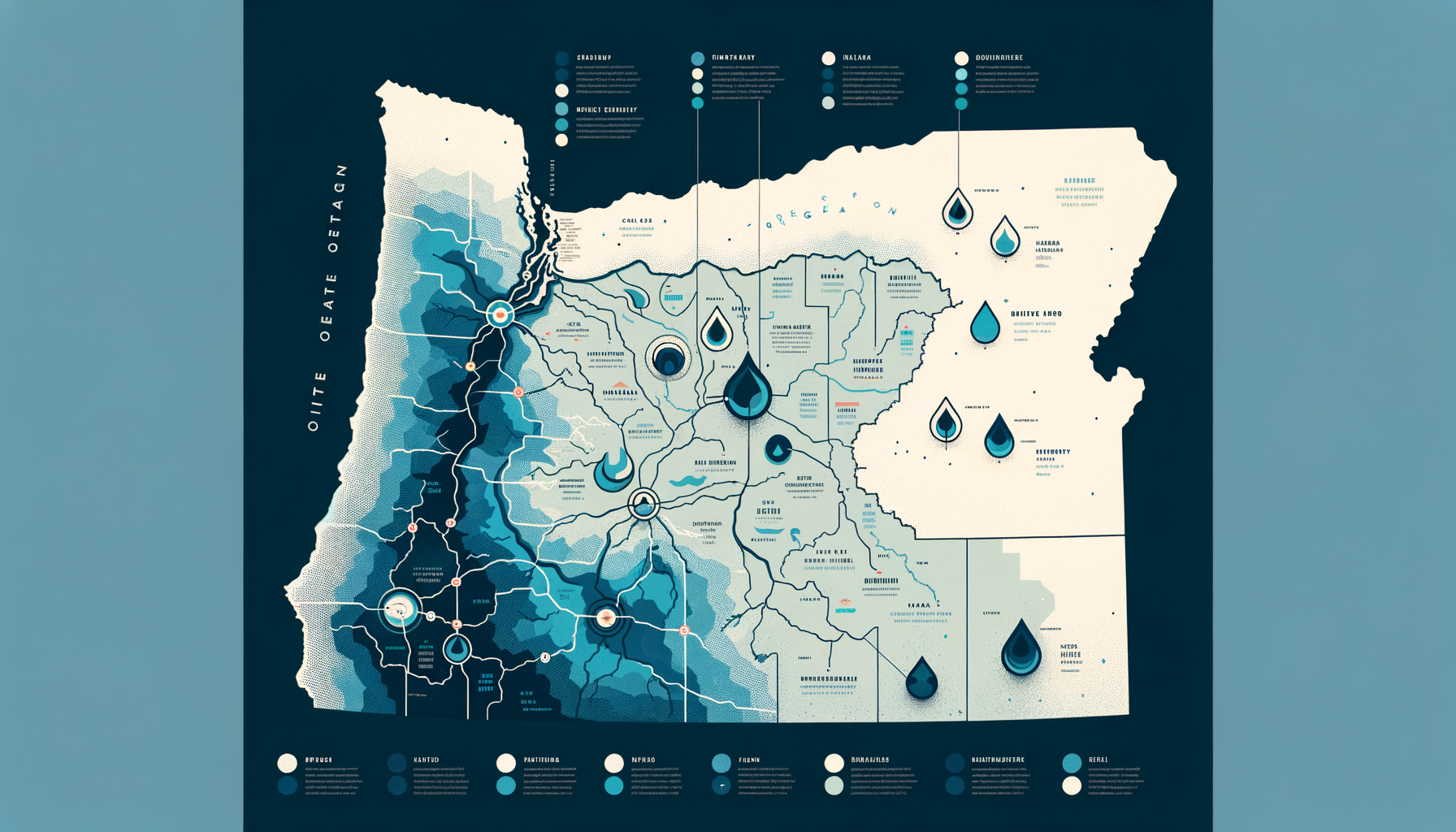 A clean, modern, text-free infographic map of Oregon, highlighting major water sources and regions with water quality concerns. No text overlays.