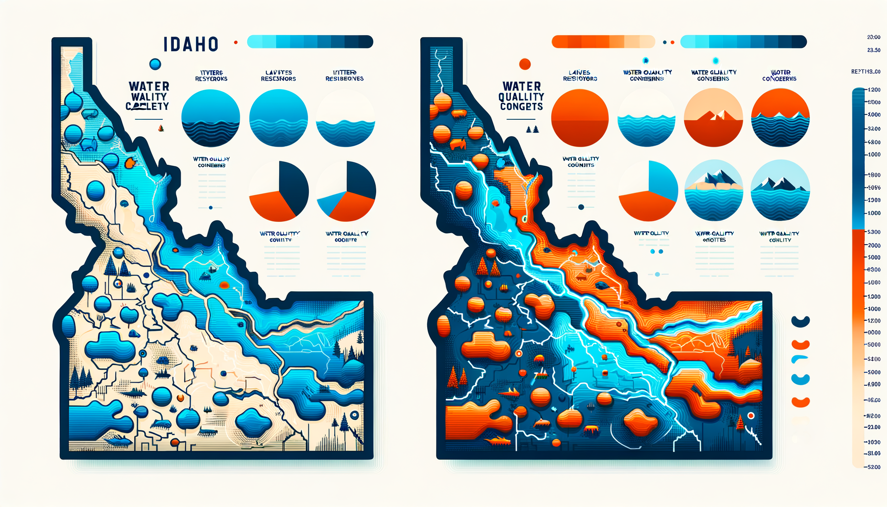 A clean, modern, text-free infographic map of Idaho, highlighting major water sources and regions with water quality concerns. No text overlays.