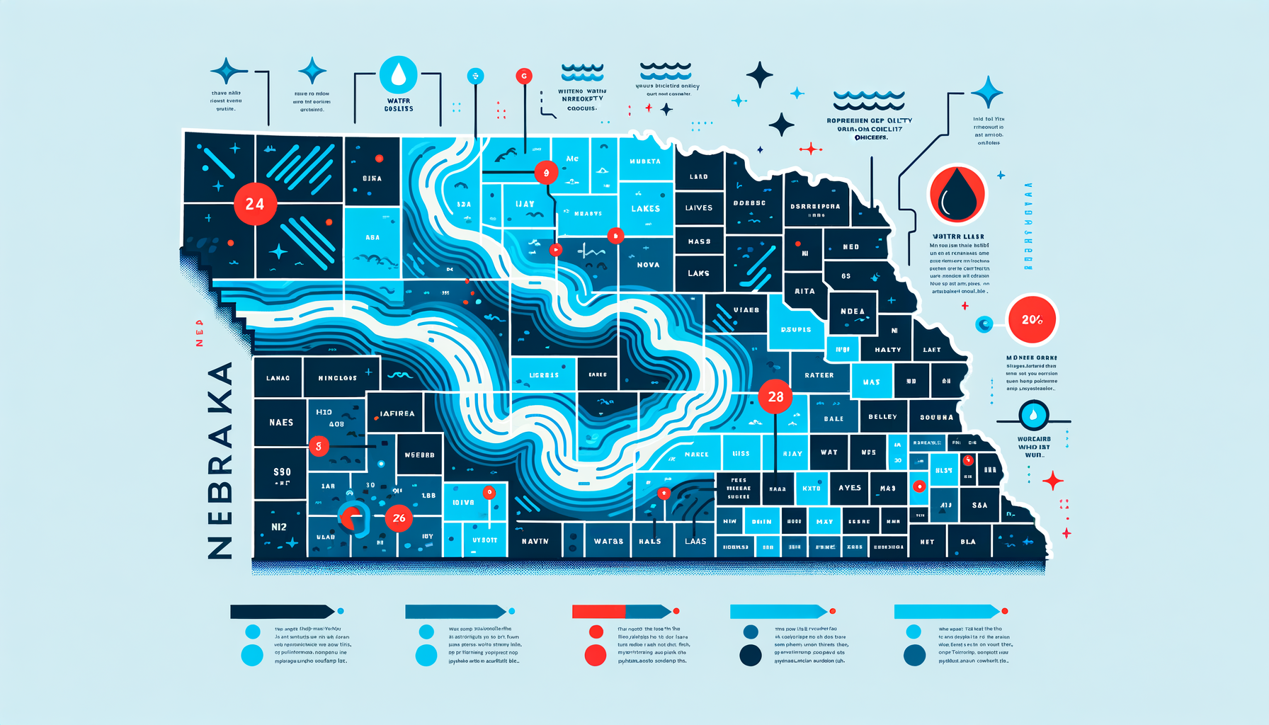 A clean, modern, text-free infographic map of Nebraska, highlighting major water sources and regions with water quality concerns. No text overlays.