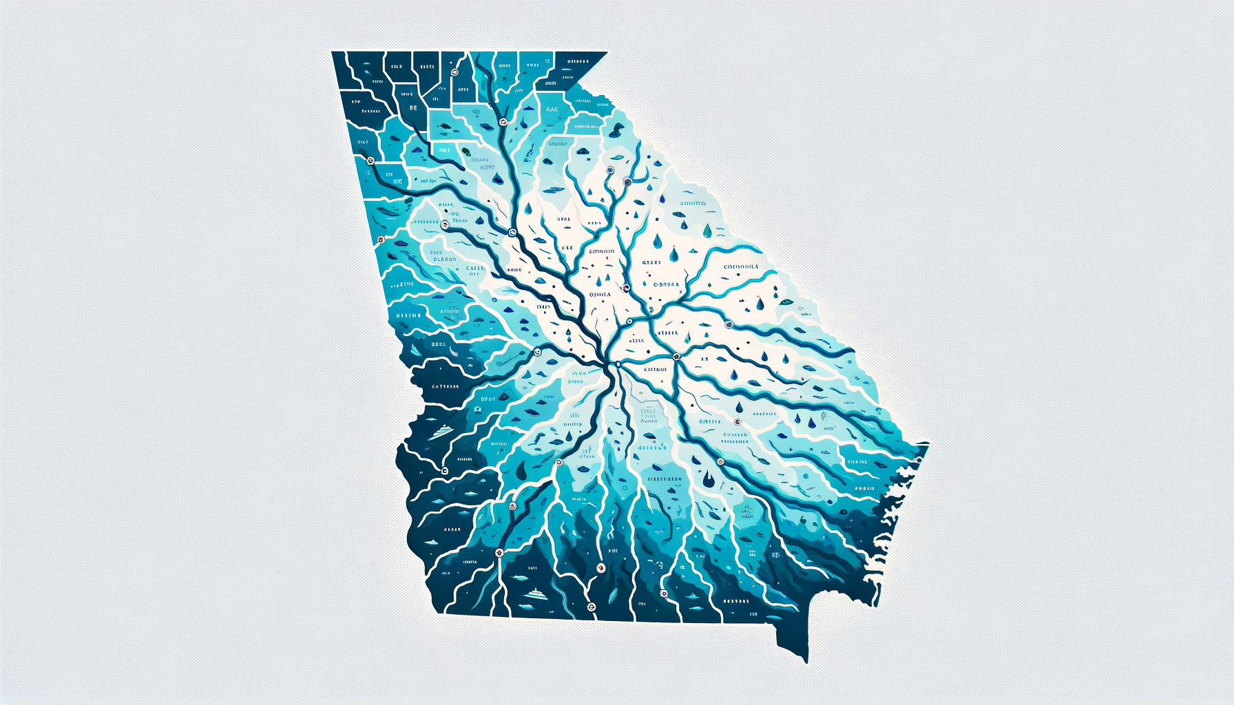 A clean, modern, text-free infographic map of Georgia, highlighting major water sources and regions with water quality concerns. No text overlays.