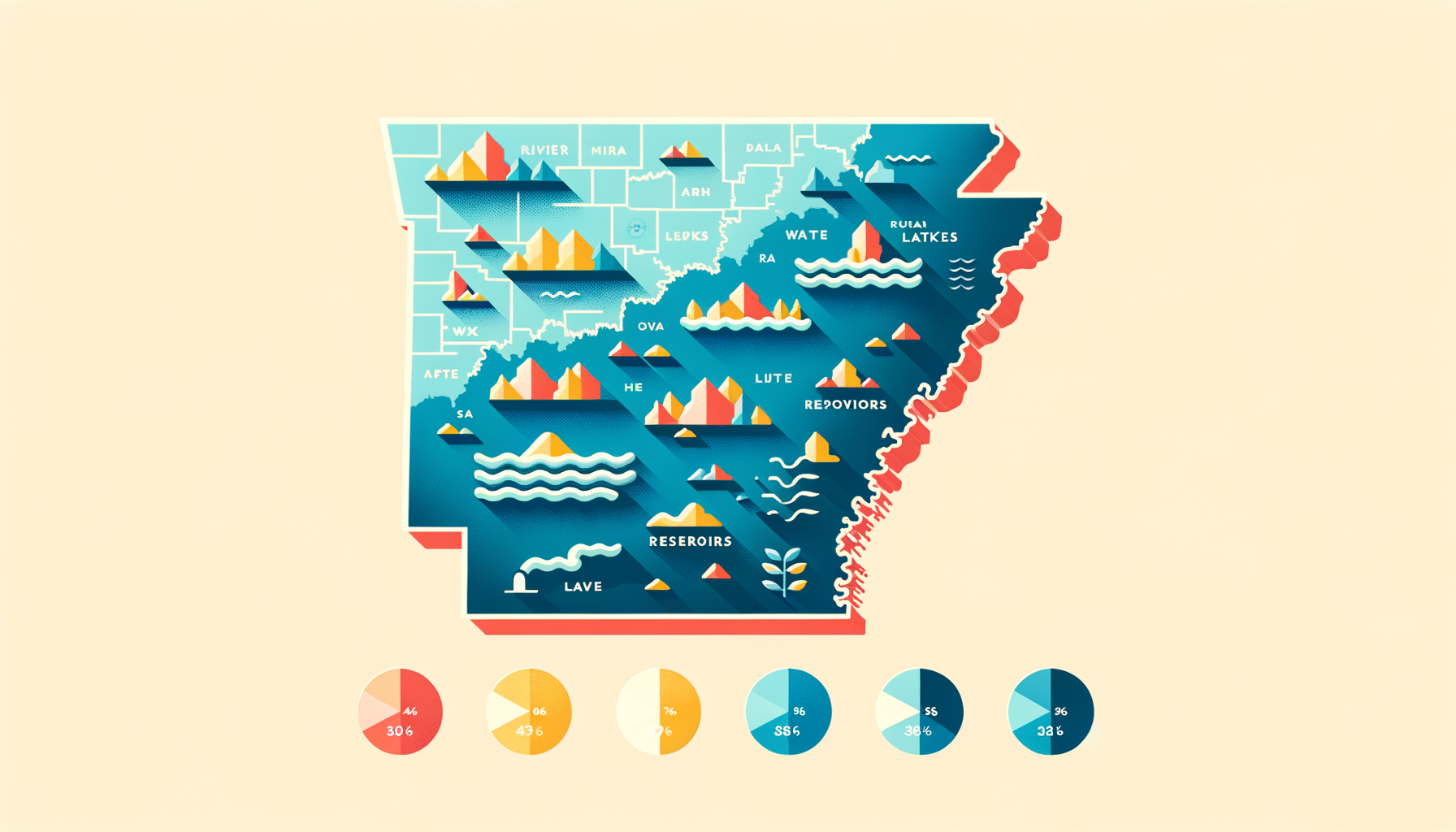 A clean, modern, text-free infographic map of Arkansas, highlighting major water sources and regions with water quality concerns. No text overlays.