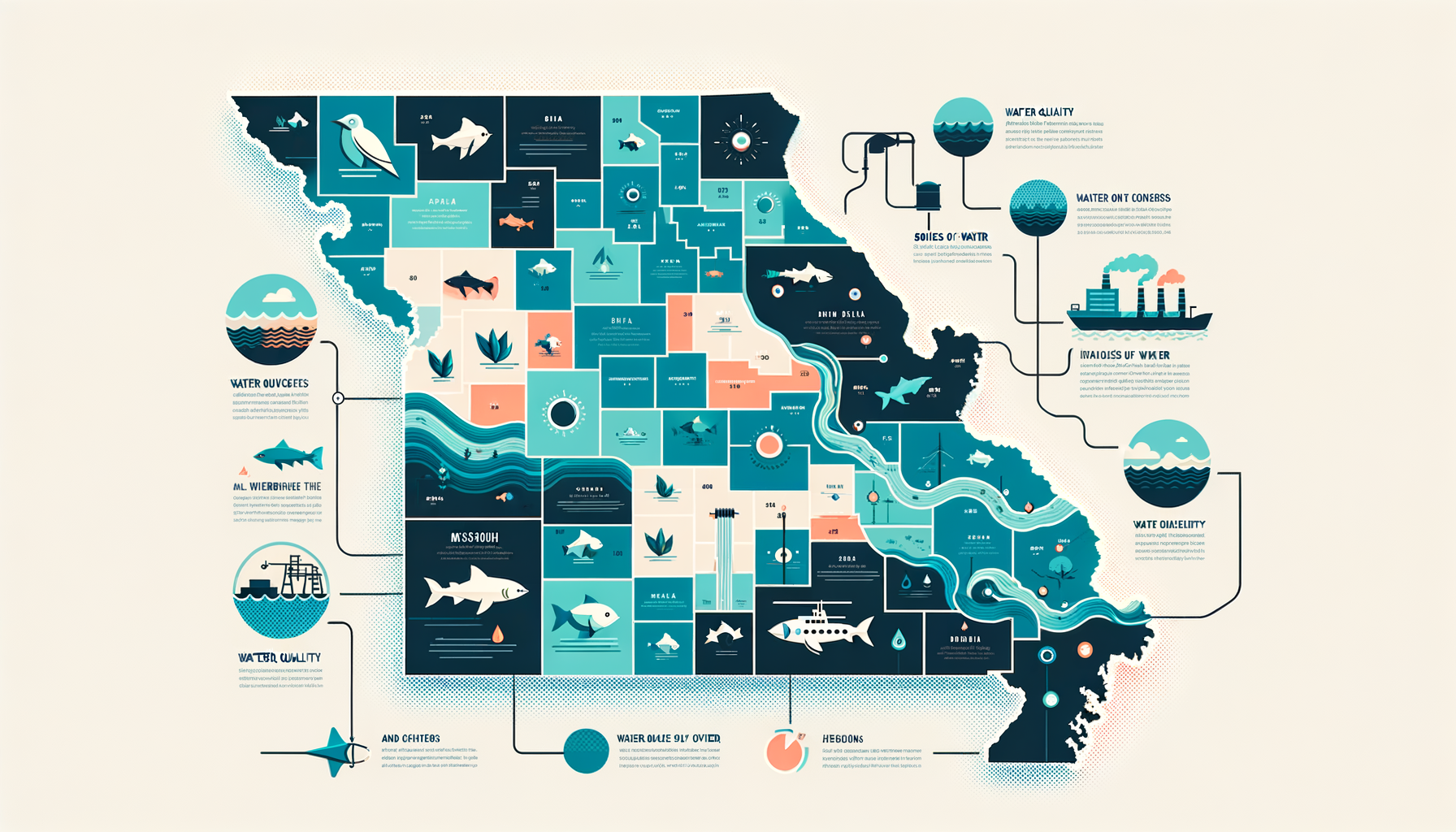 A clean, modern, text-free infographic map of Missouri, highlighting major water sources and regions with water quality concerns. No text overlays.