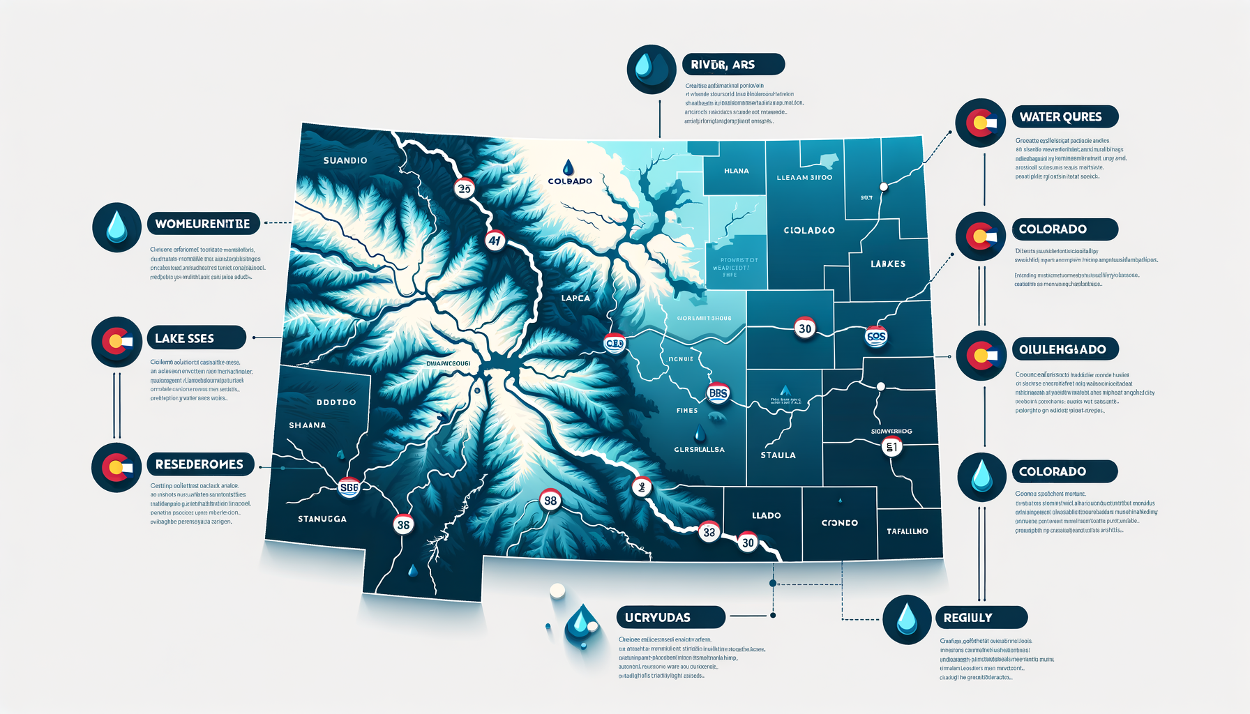 A clean, modern, text-free infographic map of Colorado, highlighting major water sources and regions with water quality concerns. No text overlays.