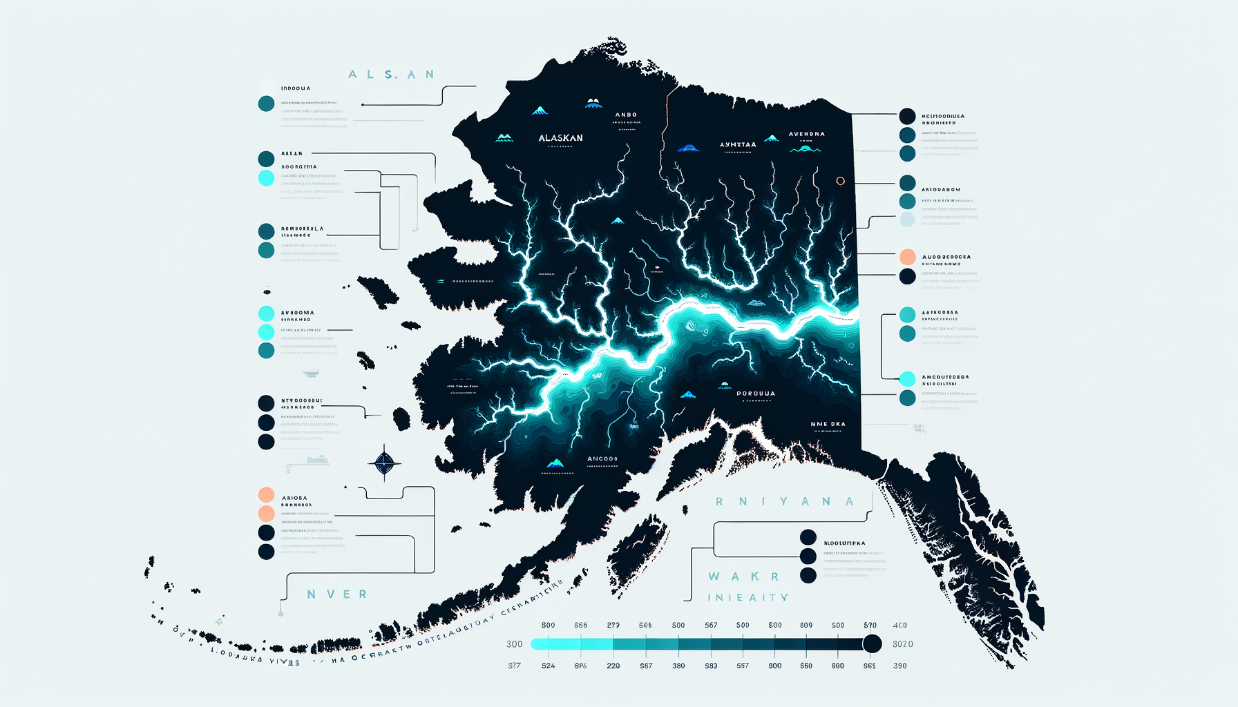 A clean, modern, text-free infographic map of Alaska, highlighting major water sources and regions with water quality concerns. No text overlays.