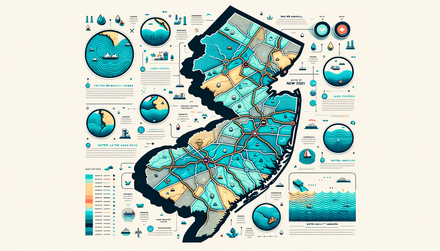 A clean, modern, text-free infographic map of New Jersey, highlighting major water sources and regions with water quality concerns. No text overlays.