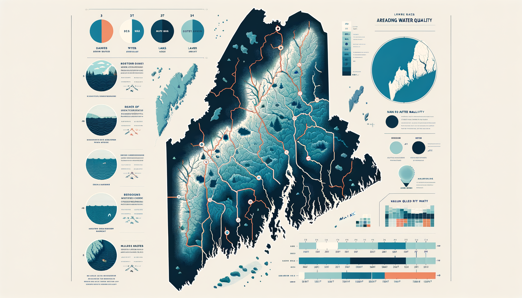 A clean, modern, text-free infographic map of Maine, highlighting major water sources and regions with water quality concerns. No text overlays.