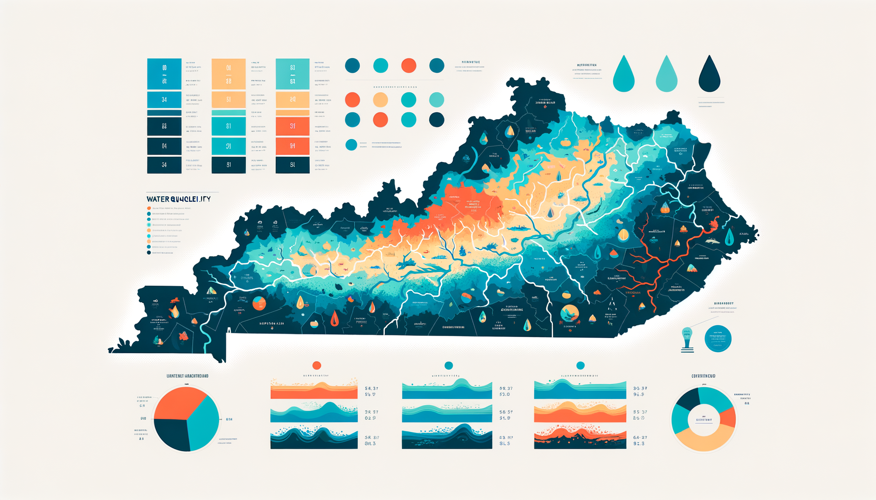 A clean, modern, text-free infographic map of Kentucky, highlighting major water sources and regions with water quality concerns. No text overlays.