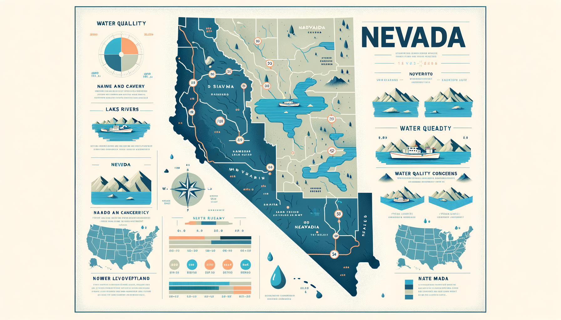 A clean, modern, text-free infographic map of Nevada, highlighting major water sources and regions with water quality concerns. No text overlays.