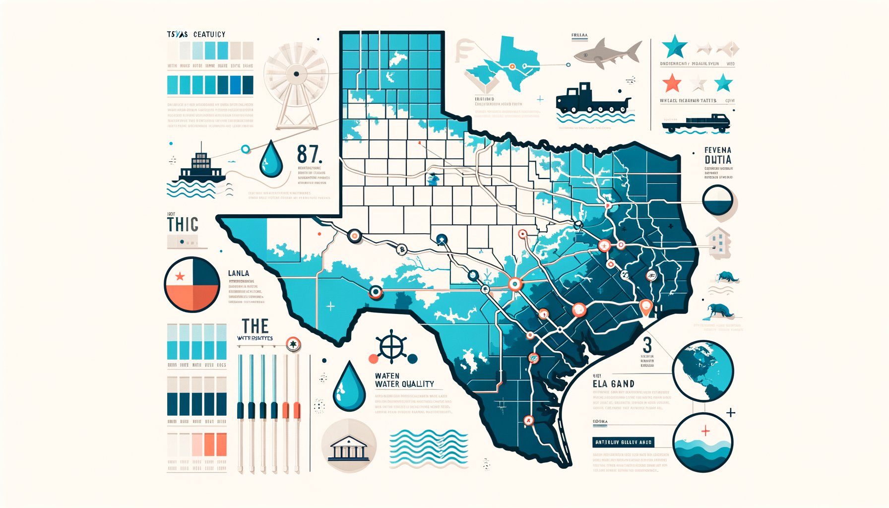 A clean, modern, text-free infographic map of Texas, highlighting major water sources and regions with water quality concerns. No text overlays.