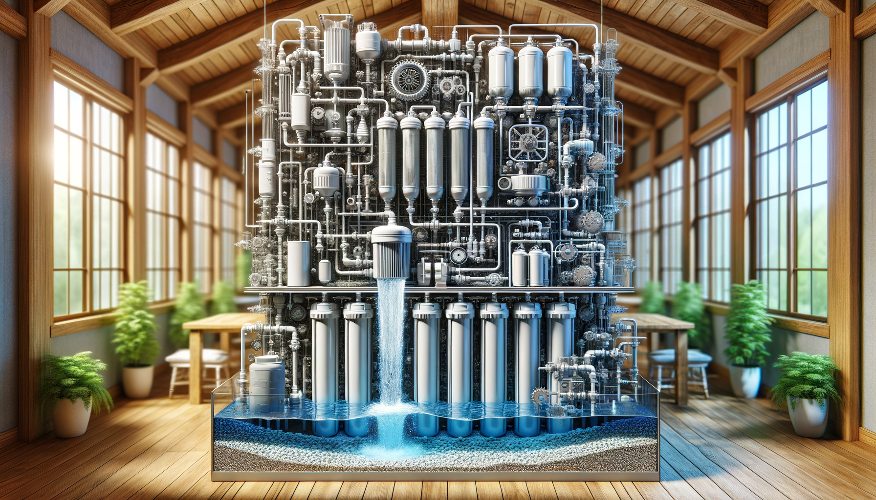 A detailed, photo-realistic shot of a modern water filtration system in a Maine home, showcasing advanced water treatment technology, no text.