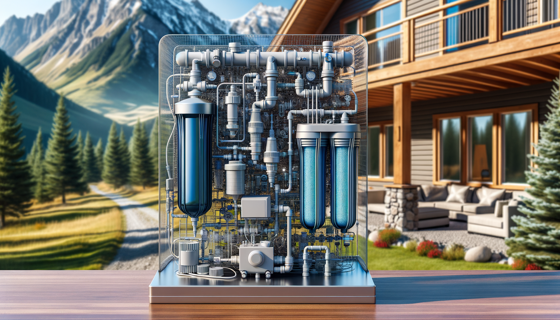 A detailed, photo-realistic shot of a modern water filtration system in a Montana home, showcasing advanced water treatment technology, no text.