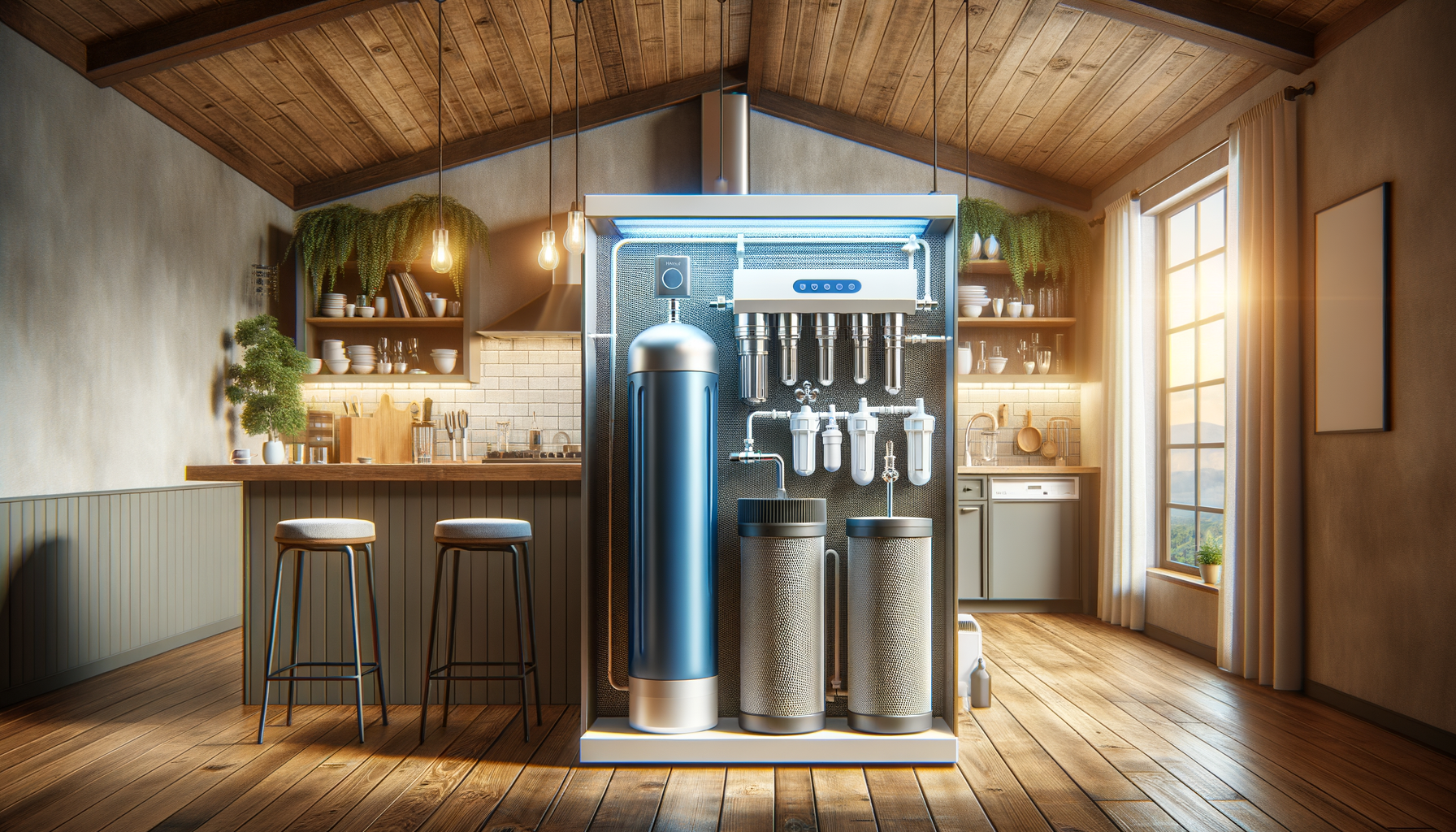 A detailed, photo-realistic shot of a modern water filtration system in a Kentucky home, showcasing advanced water treatment technology, no text.