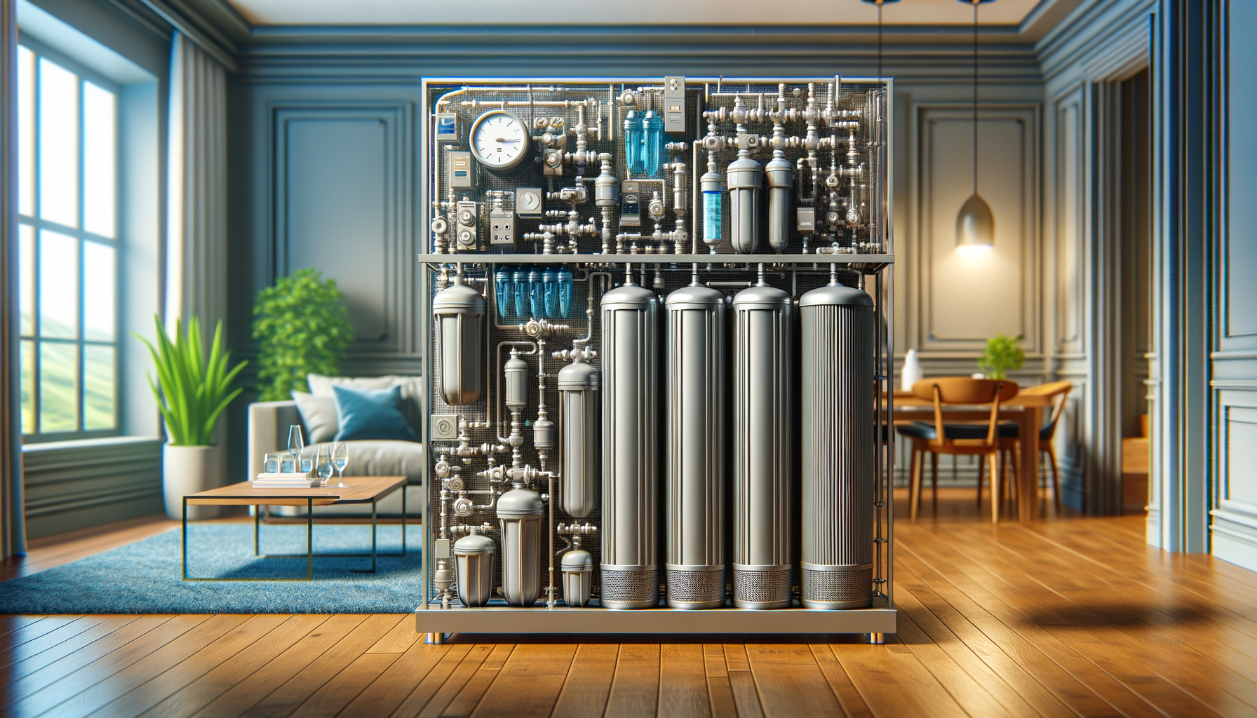 A detailed, photo-realistic shot of a modern water filtration system in a Minnesota home, showcasing advanced water treatment technology, no text.