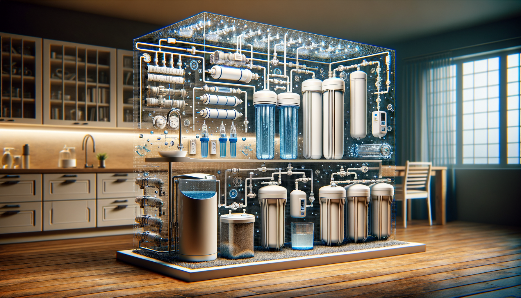 A detailed, photo-realistic shot of a modern water filtration system in a New Mexico home, showcasing advanced water treatment technology, no text.