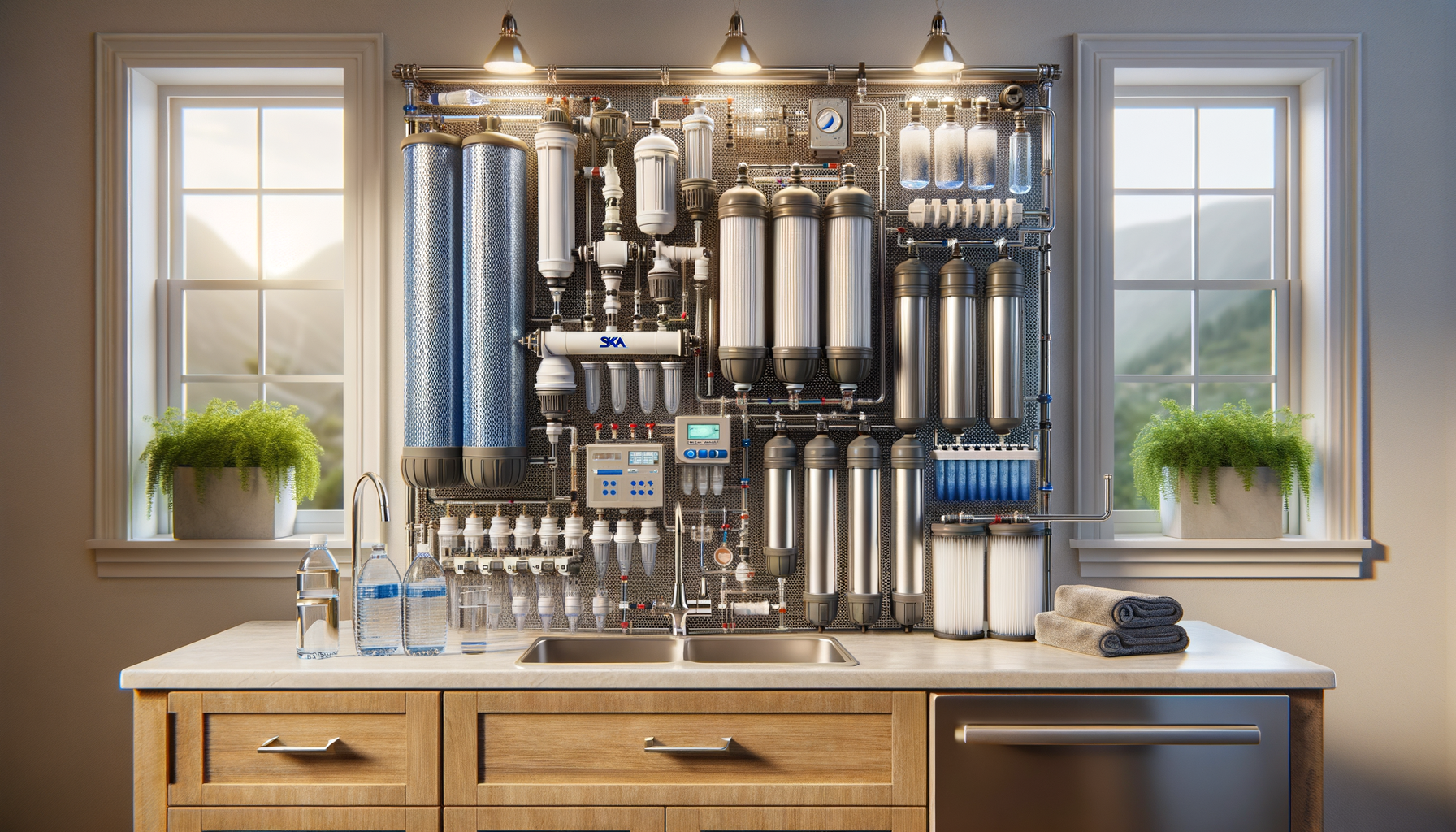 A detailed, photo-realistic shot of a modern water filtration system in a Pennsylvania home, showcasing advanced water treatment technology, no text.