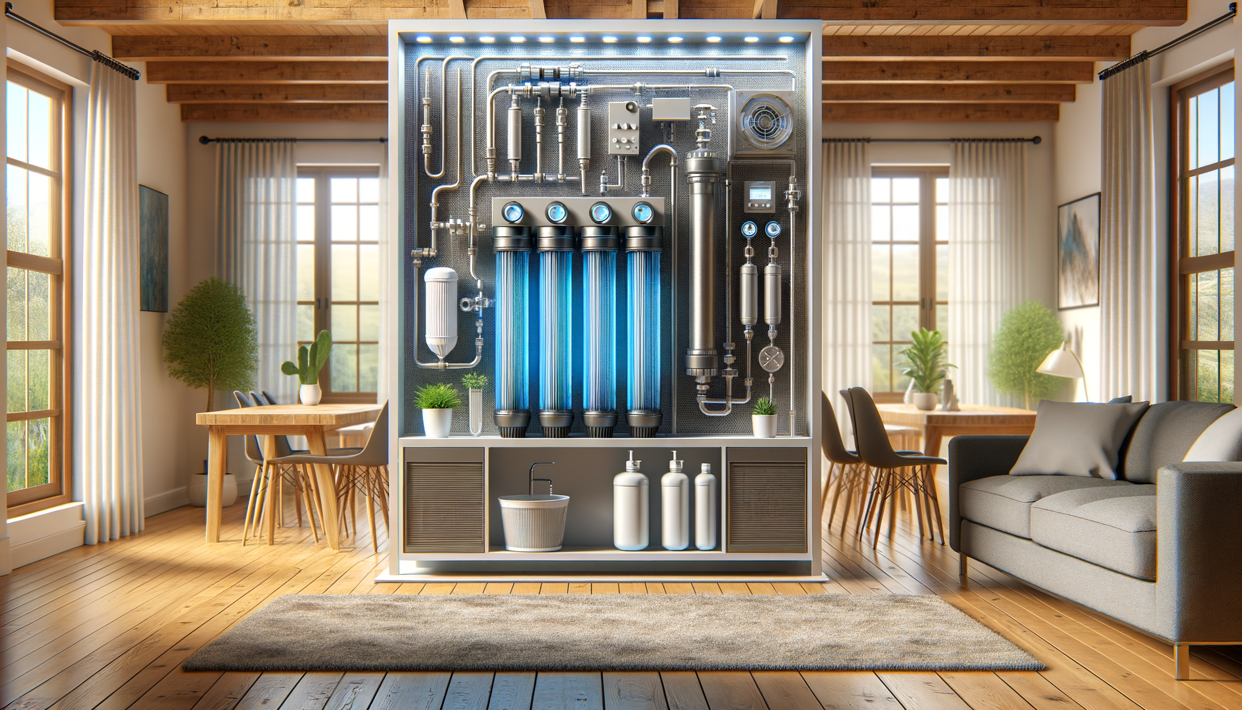 A detailed, photo-realistic shot of a modern water filtration system in a Texas home, showcasing advanced water treatment technology, no text.