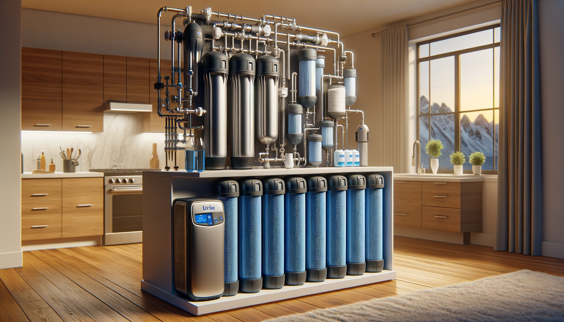 A detailed, photo-realistic shot of a modern water filtration system in a Wisconsin home, showcasing advanced water treatment technology, no text.