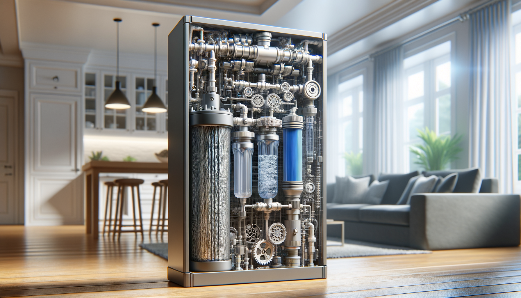 A detailed, photo-realistic shot of a modern water filtration system in a Missouri home, showcasing advanced water treatment technology, no text.