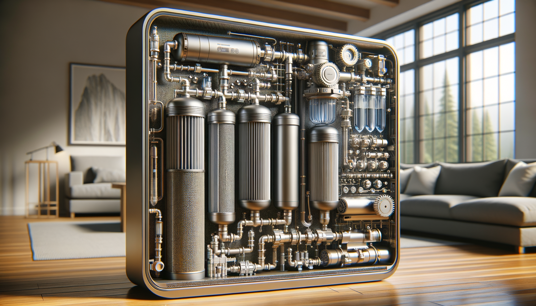 A detailed, photo-realistic shot of a modern water filtration system in a Oregon home, showcasing advanced water treatment technology, no text.