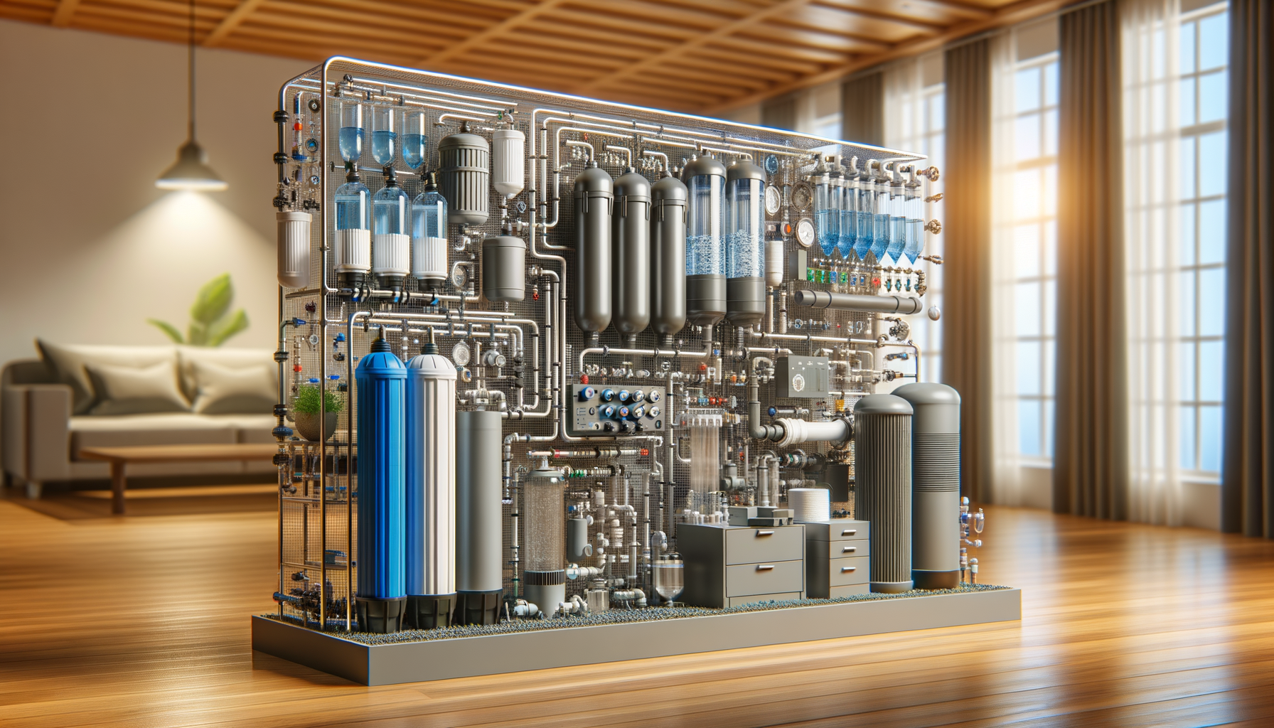 A detailed, photo-realistic shot of a modern water filtration system in a Mississippi home, showcasing advanced water treatment technology, no text.