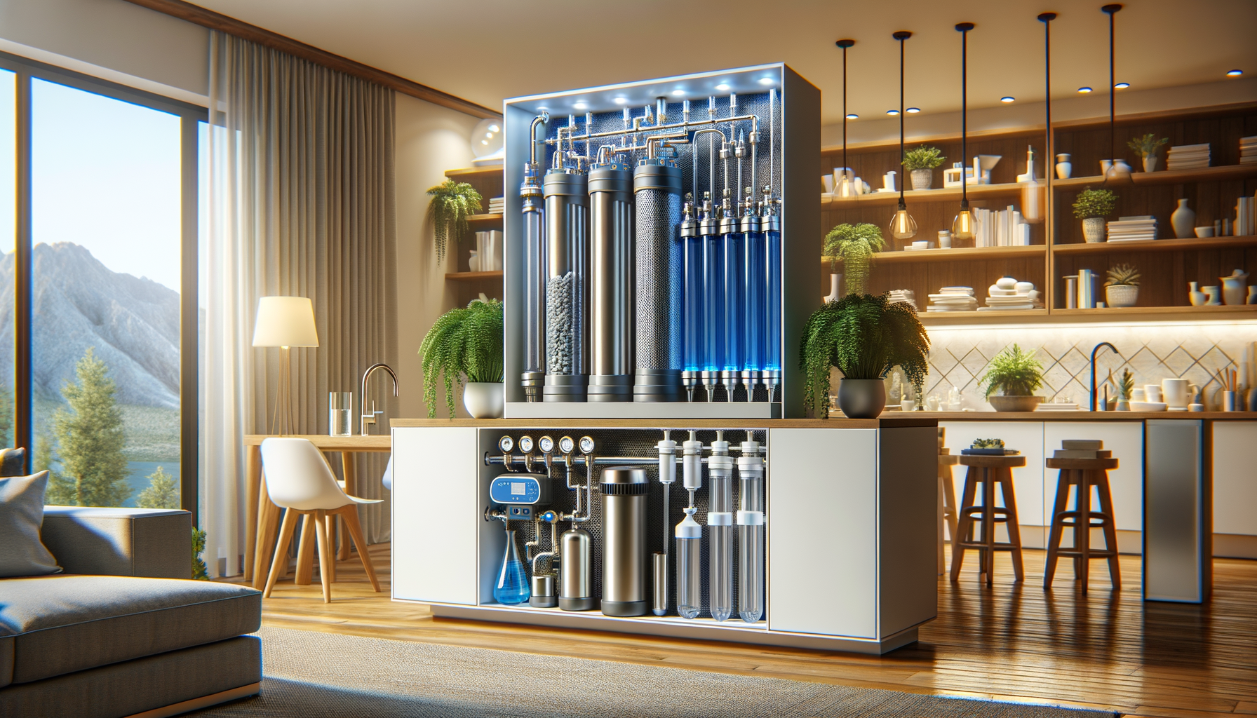 A detailed, photo-realistic shot of a modern water filtration system in a Nevada home, showcasing advanced water treatment technology, no text.