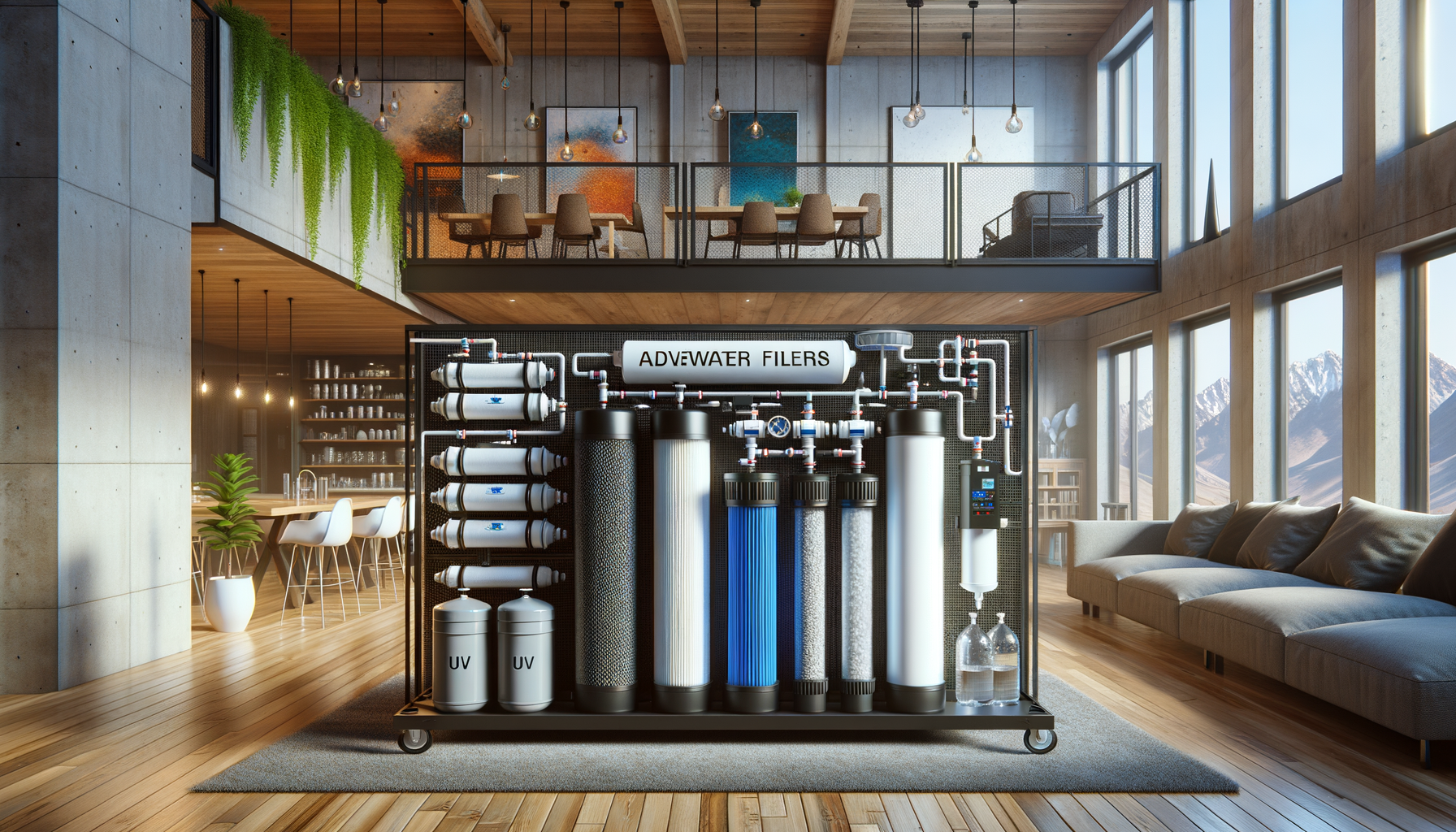 A detailed, photo-realistic shot of a modern water filtration system in a Idaho home, showcasing advanced water treatment technology, no text.