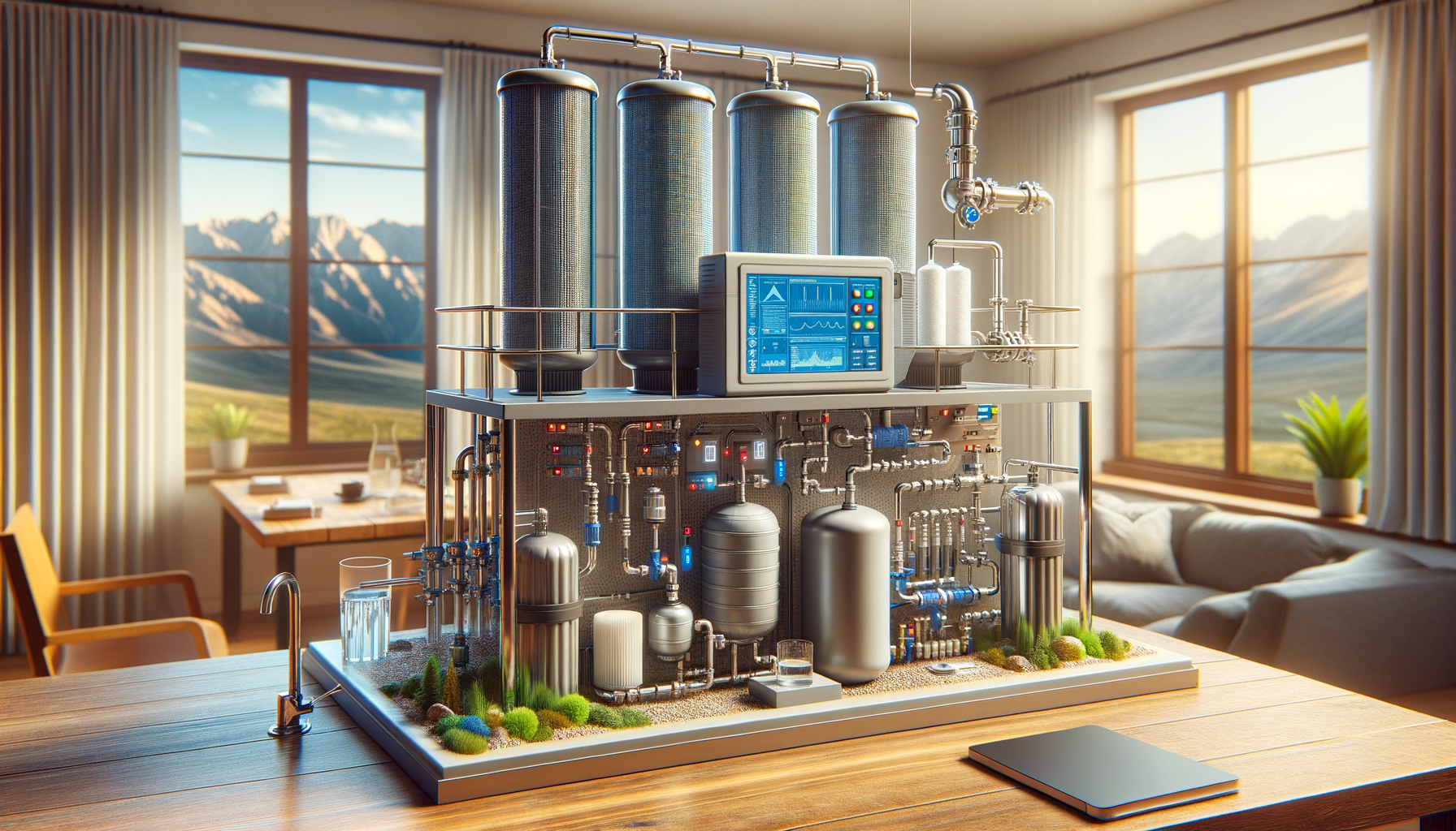 A detailed, photo-realistic shot of a modern water filtration system in a Kansas home, showcasing advanced water treatment technology, no text.