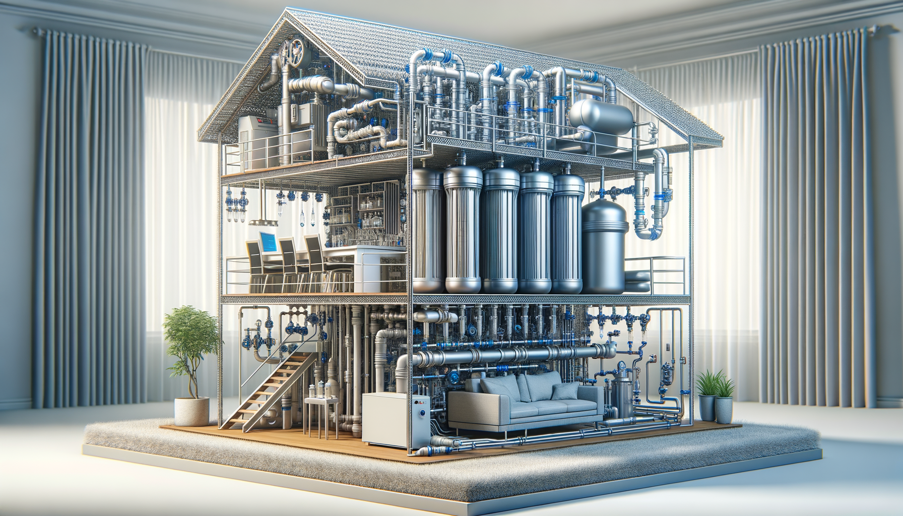 A detailed, photo-realistic shot of a modern water filtration system in a Nebraska home, showcasing advanced water treatment technology, no text.