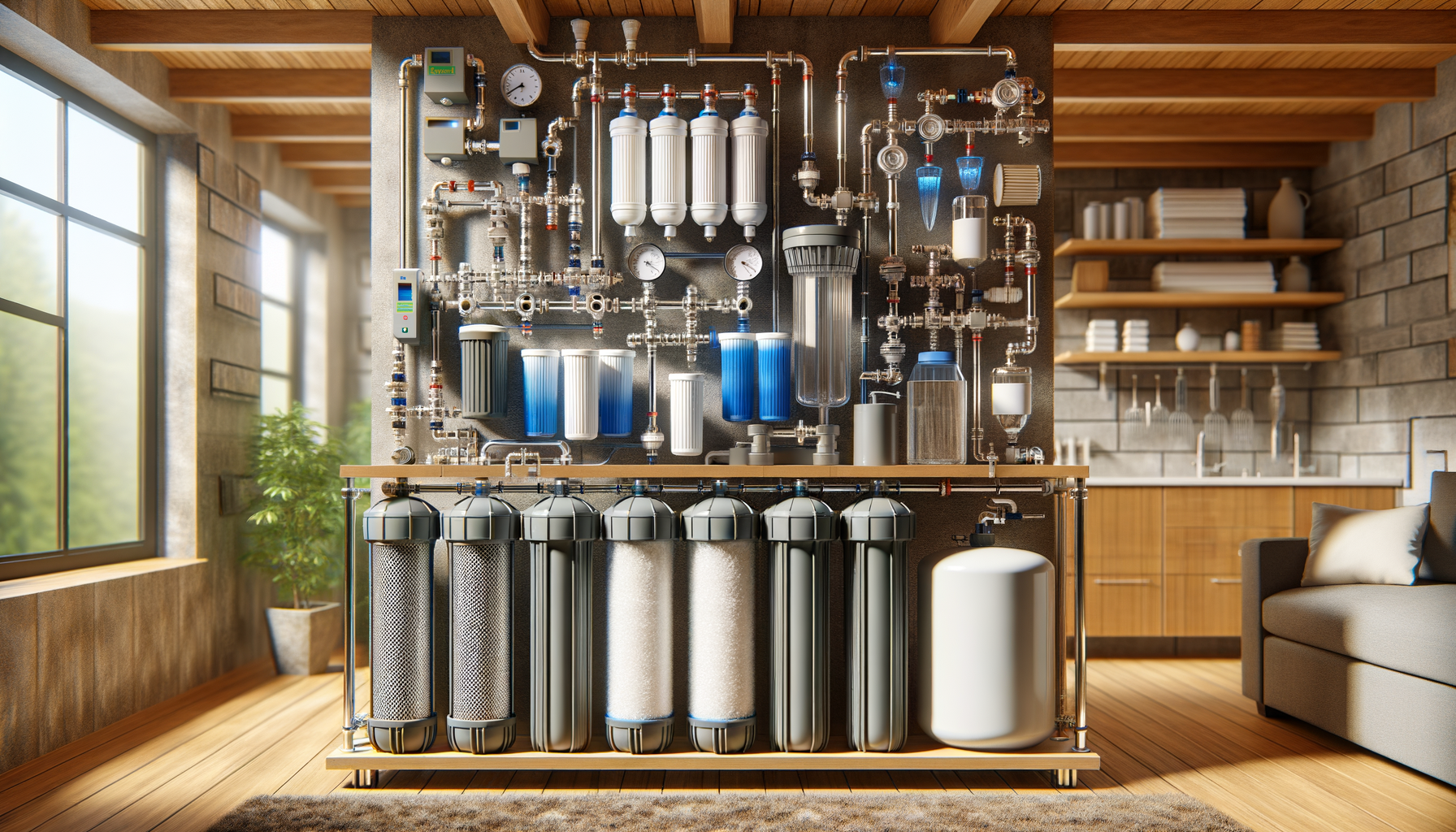 A detailed, photo-realistic shot of a modern water filtration system in a Delaware home, showcasing advanced water treatment technology, no text.