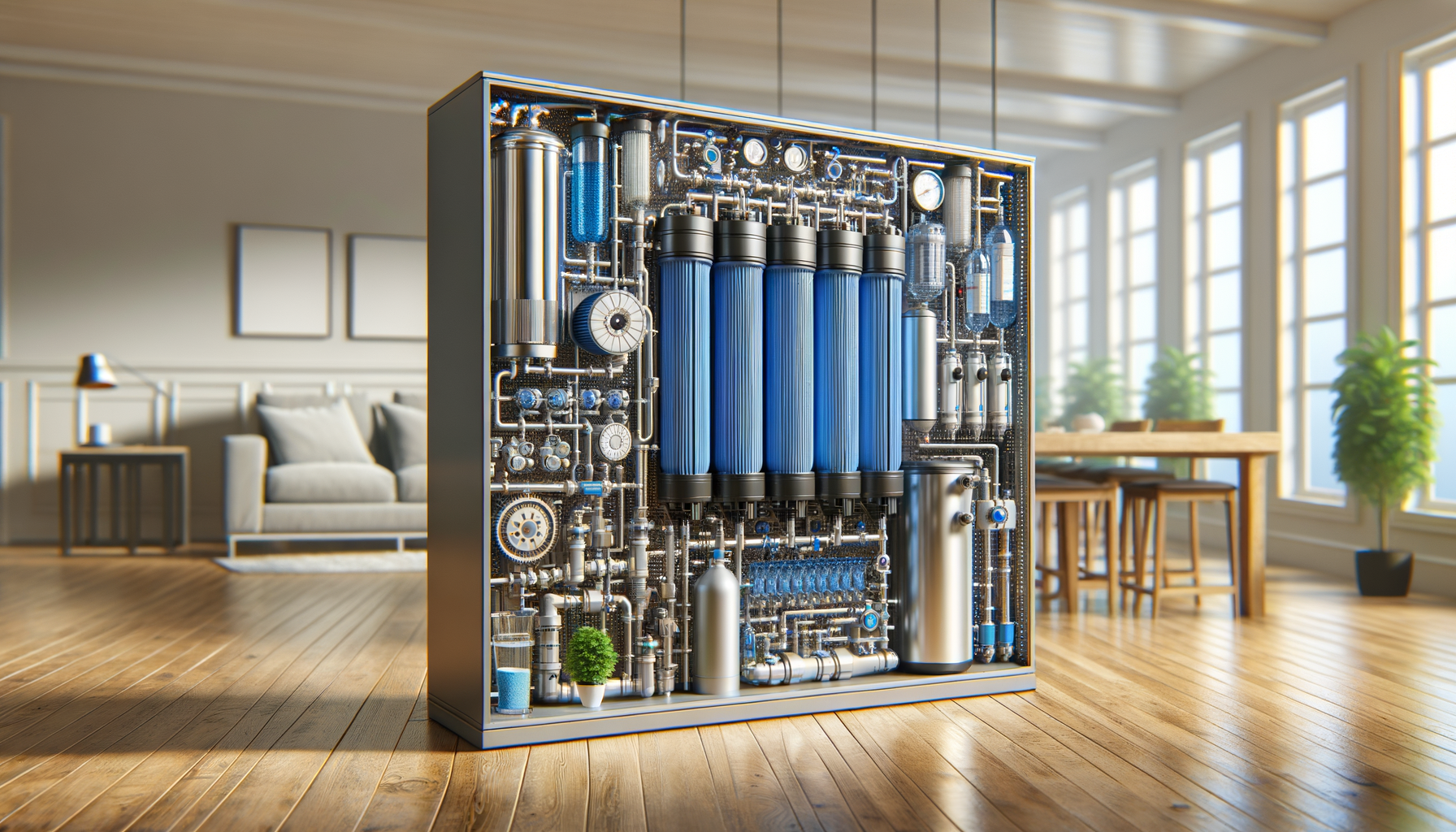 A detailed, photo-realistic shot of a modern water filtration system in a Colorado home, showcasing advanced water treatment technology, no text.