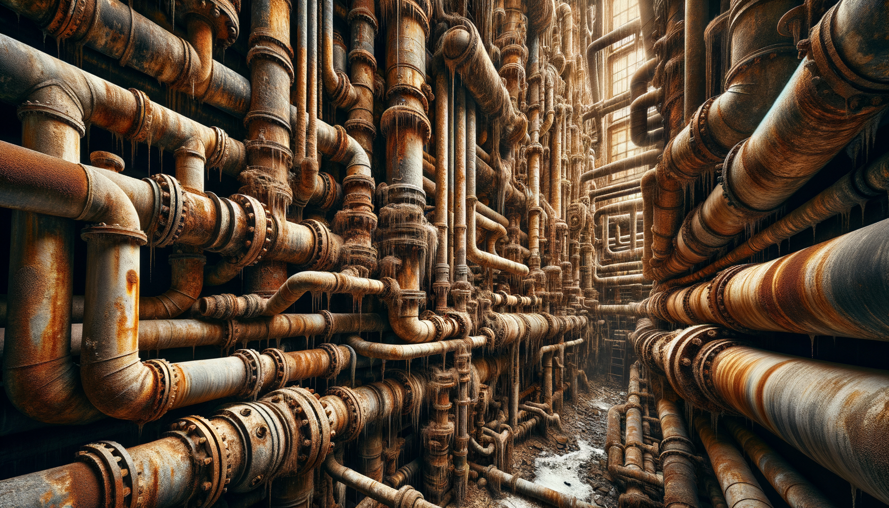 A close-up, high-definition image of heavily corroded pipes in an older Georgia building, demonstrating the impact of aging infrastructure, no text overlays.