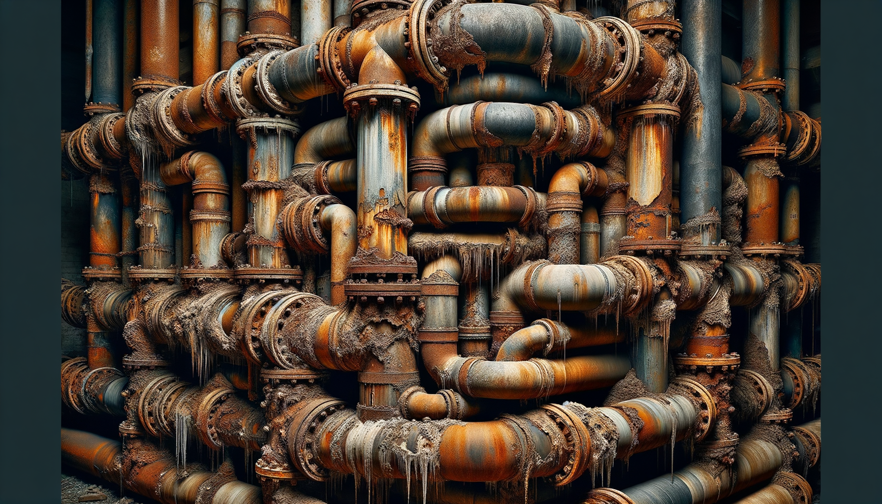 A close-up, high-definition image of heavily corroded pipes in an older Ohio building, demonstrating the impact of aging infrastructure, no text overlays.