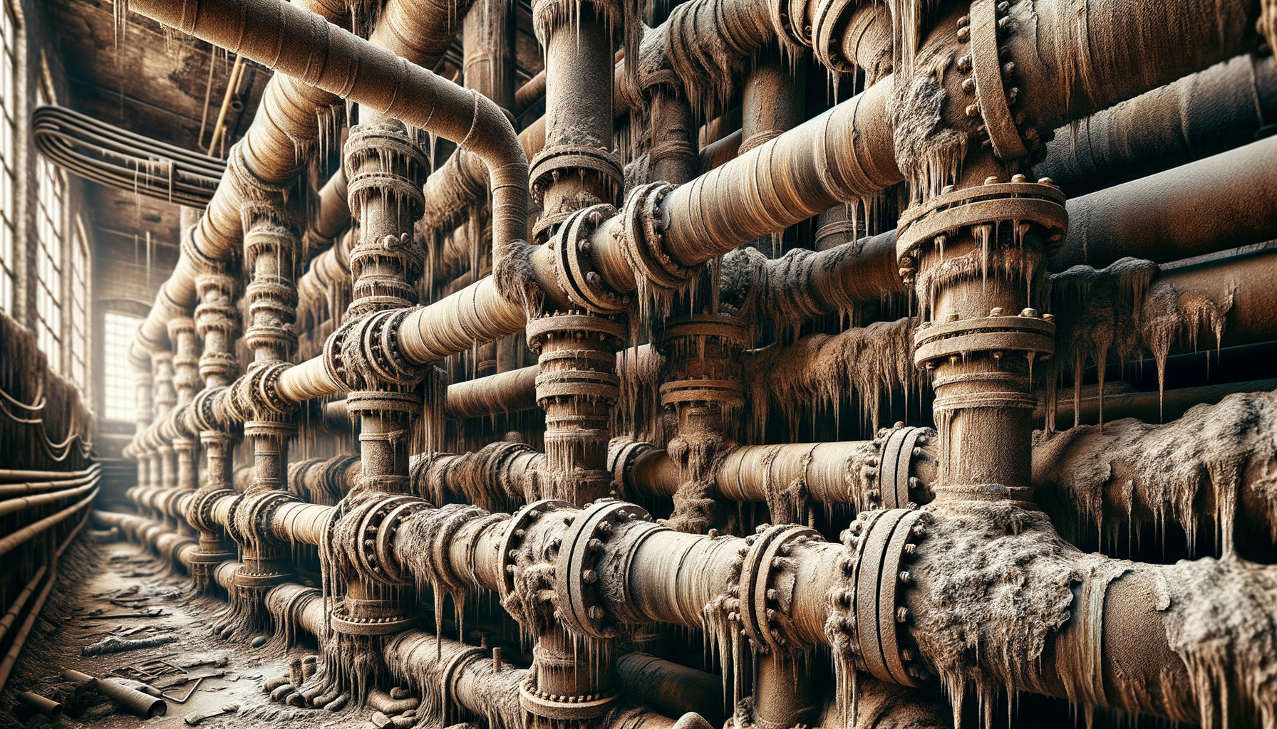 A close-up, high-definition image of heavily corroded pipes in an older Connecticut building, demonstrating the impact of aging infrastructure, no text overlays.