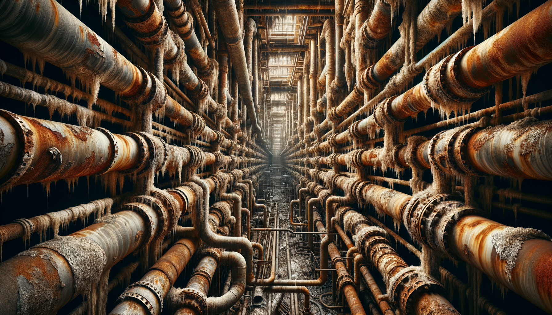 A close-up, high-definition image of heavily corroded pipes in an older Alabama building, demonstrating the impact of aging infrastructure, no text overlays.