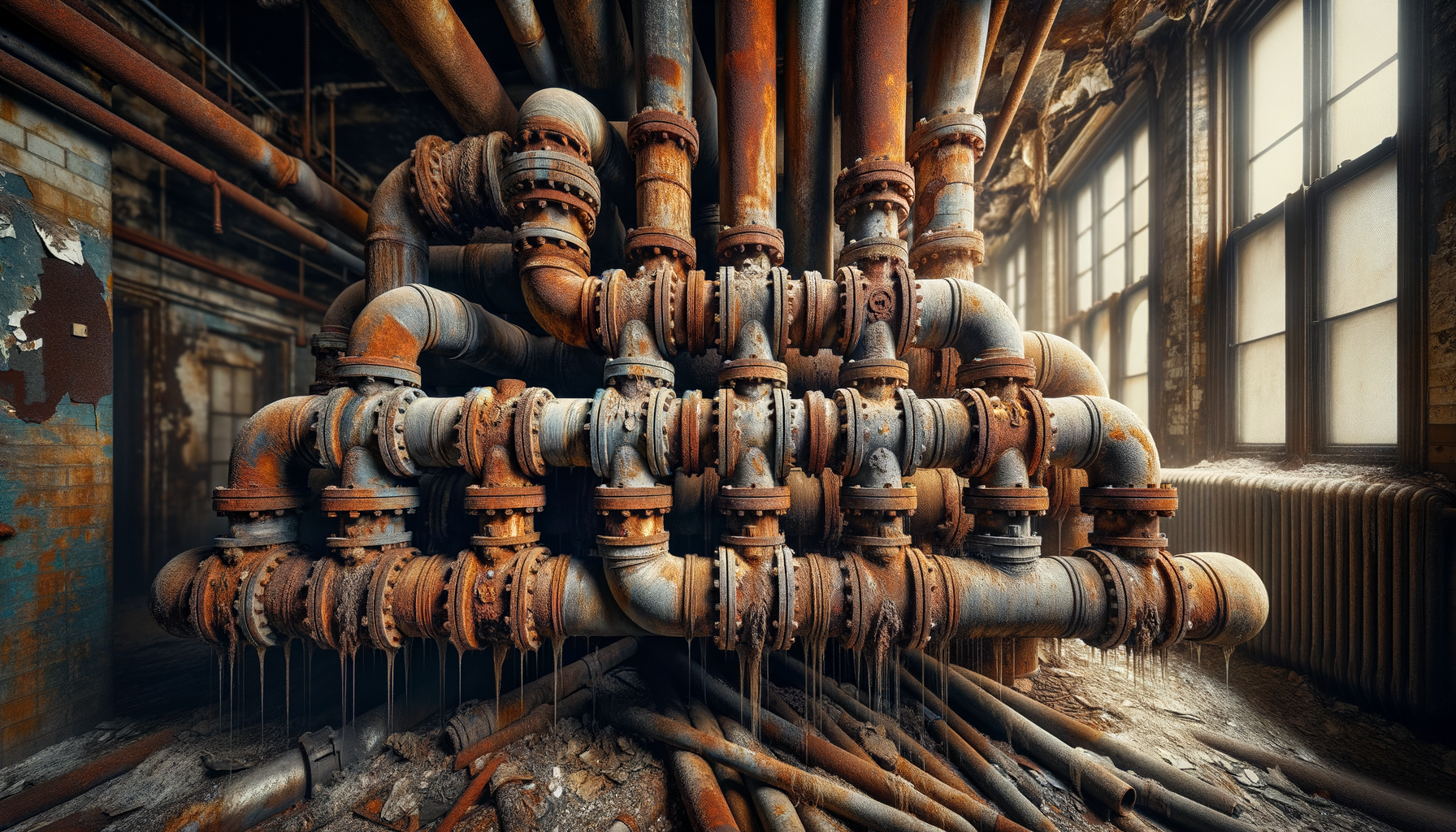 A close-up, high-definition image of heavily corroded pipes in an older Colorado building, demonstrating the impact of aging infrastructure, no text overlays.