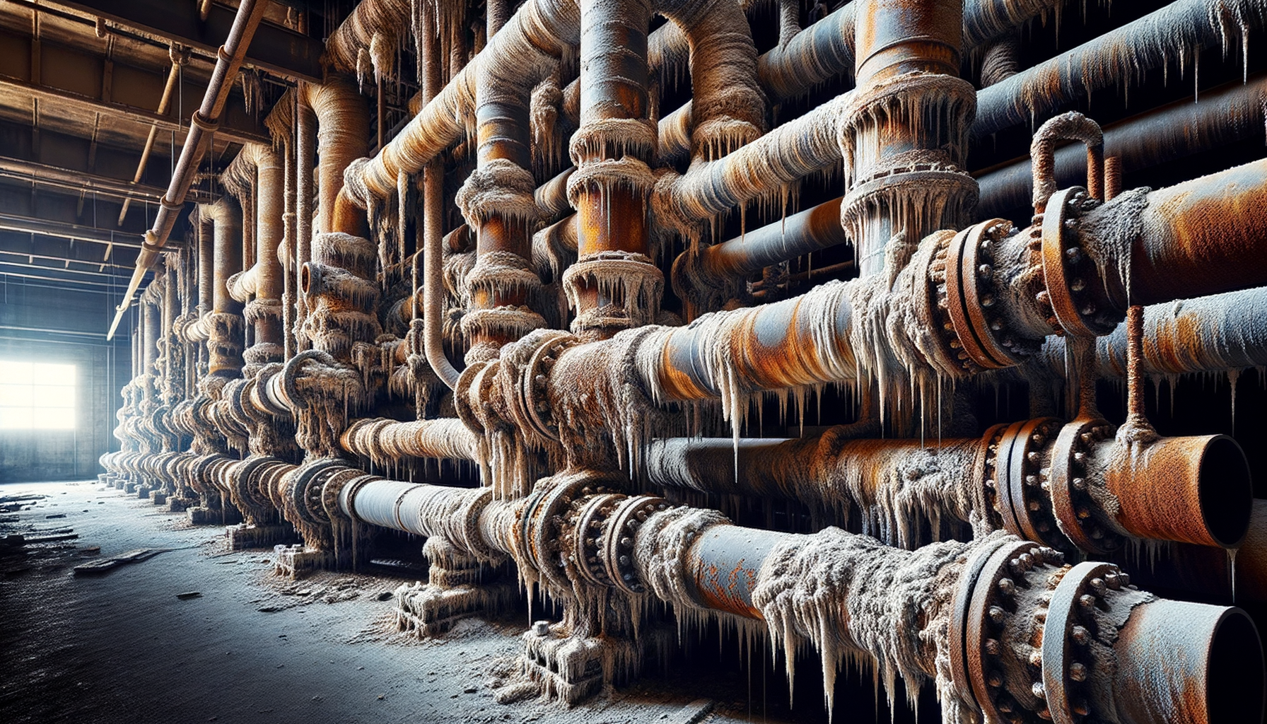 A close-up, high-definition image of heavily corroded pipes in an older Texas building, demonstrating the impact of aging infrastructure, no text overlays.