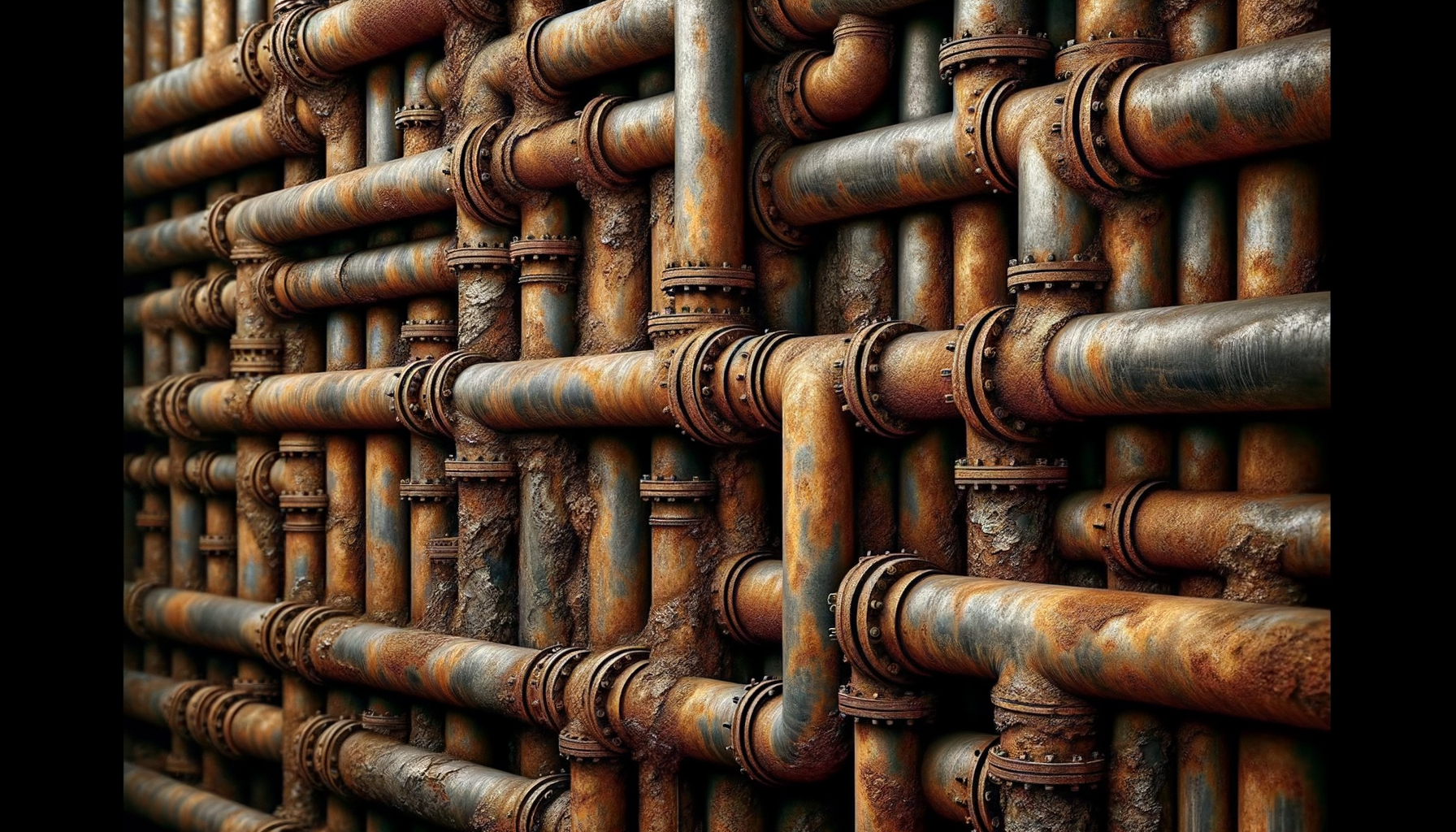 A close-up, high-definition image of heavily corroded pipes in an older New Jersey building, demonstrating the impact of aging infrastructure, no text overlays.