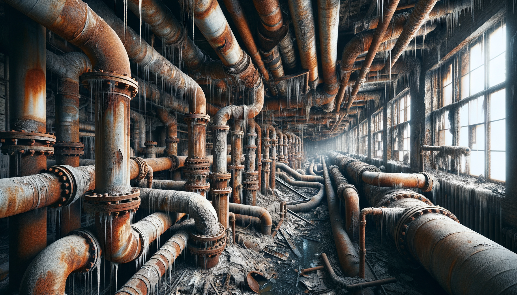 A close-up, high-definition image of heavily corroded pipes in an older Kansas building, demonstrating the impact of aging infrastructure, no text overlays.