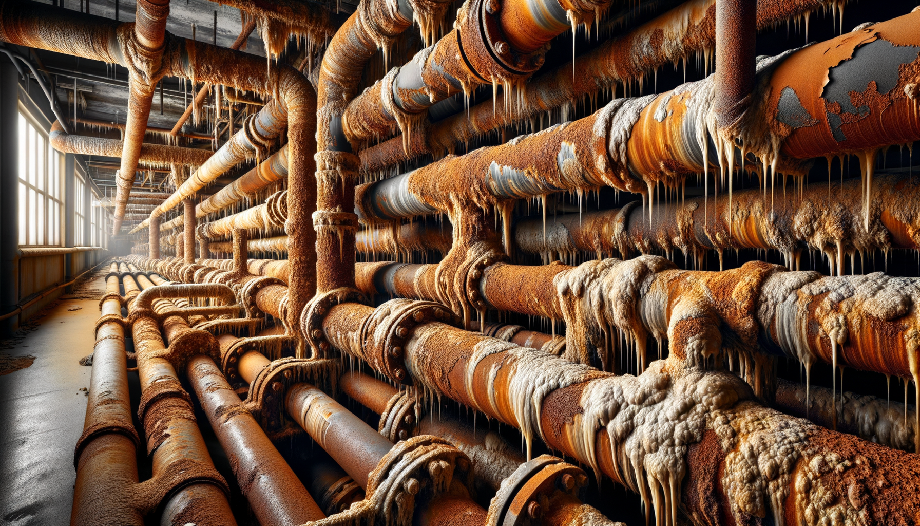 A close-up, high-definition image of heavily corroded pipes in an older Mississippi building, demonstrating the impact of aging infrastructure, no text overlays.