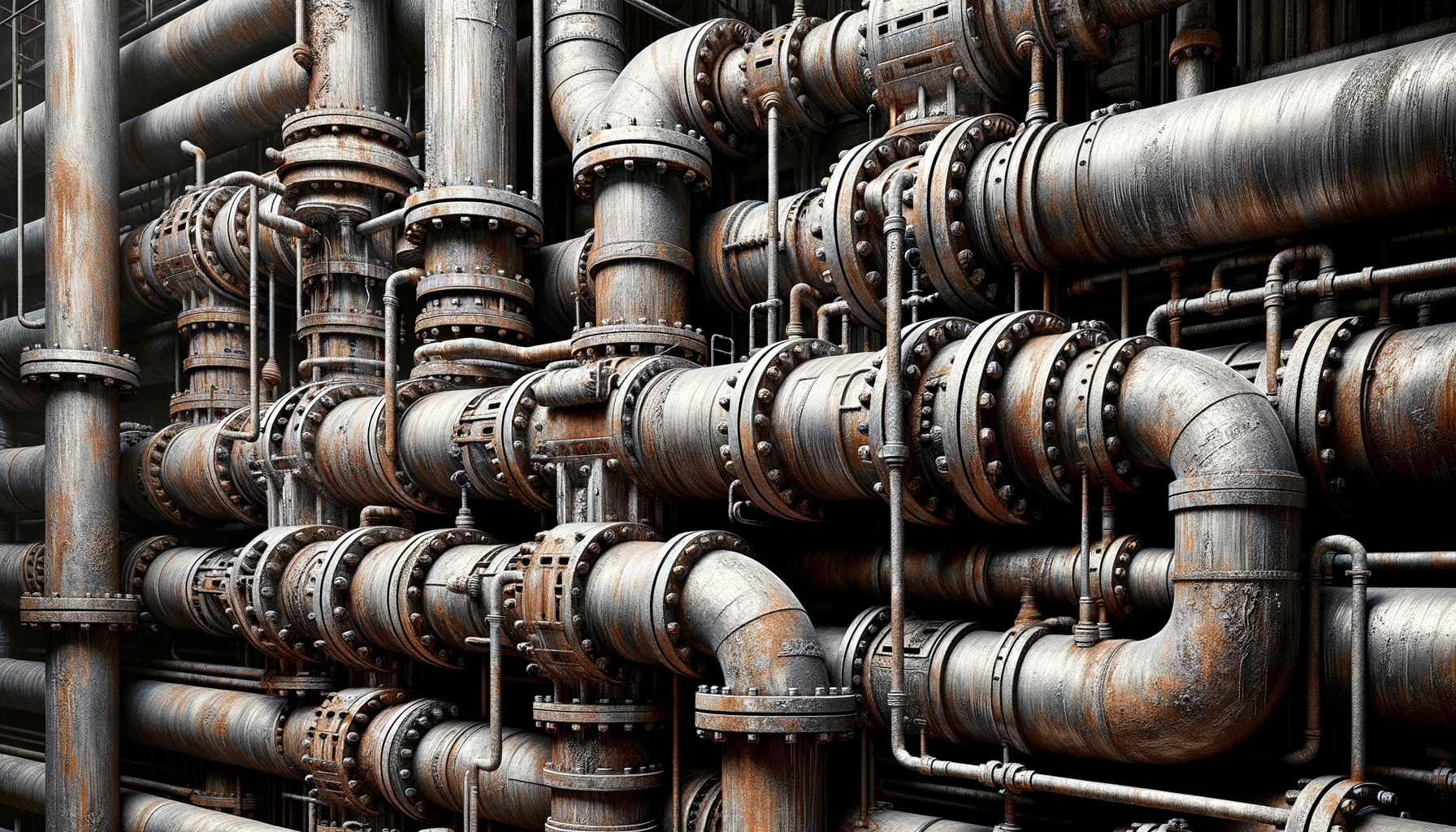 A close-up, high-definition image of heavily corroded pipes in an older Oregon building, demonstrating the impact of aging infrastructure, no text overlays.